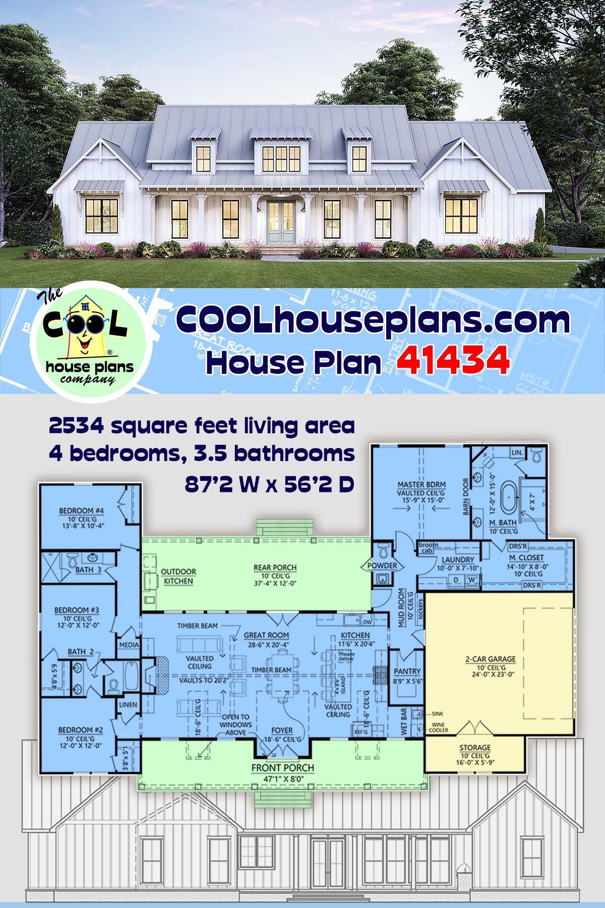 Craftsman, Farmhouse House Plan 41434 with 4 Beds, 4 Baths, 2 Car Garage