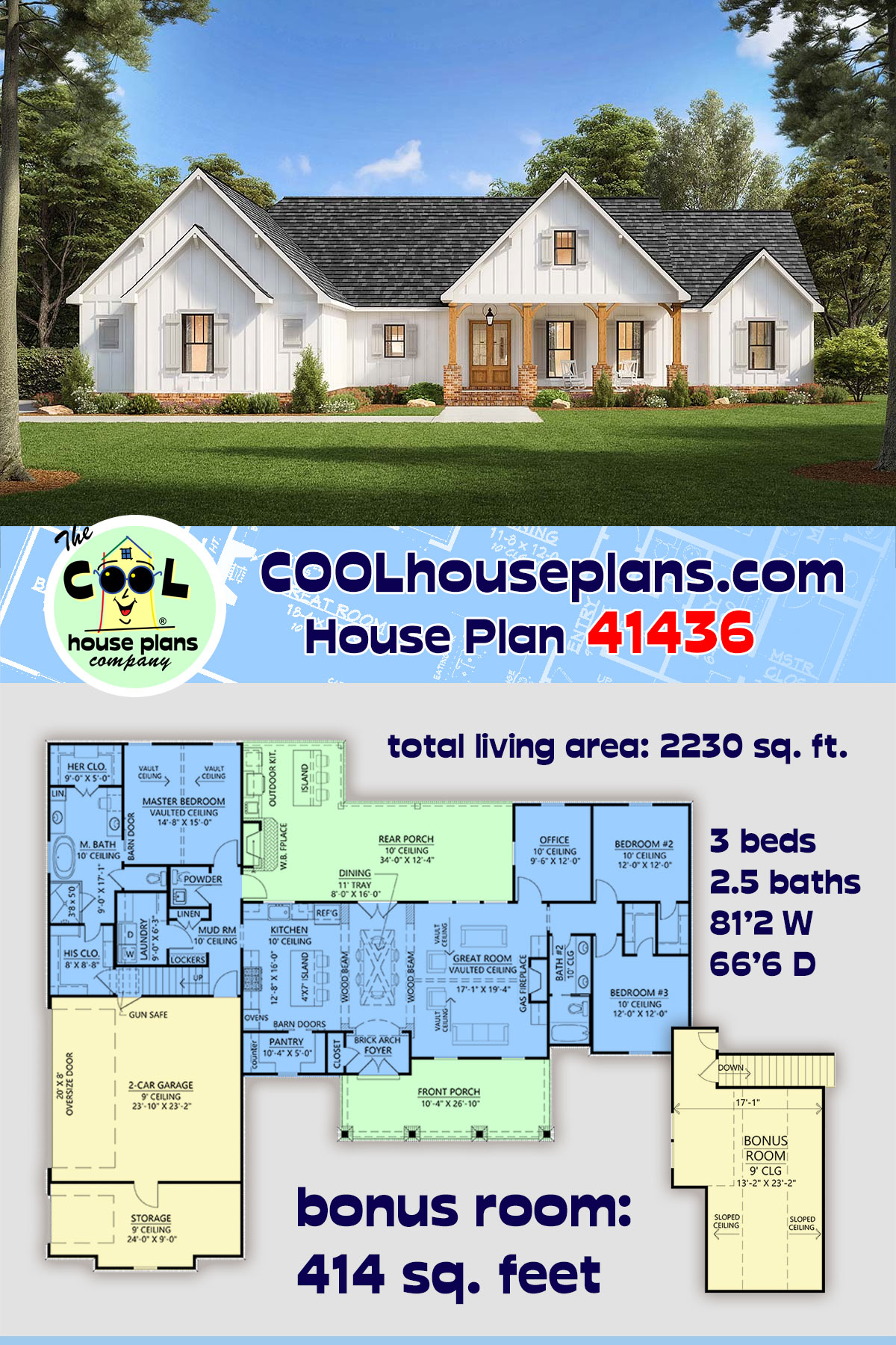 Craftsman, Farmhouse, New American House Plan 41436 with 3 Beds, 3 Baths, 2 Car Garage