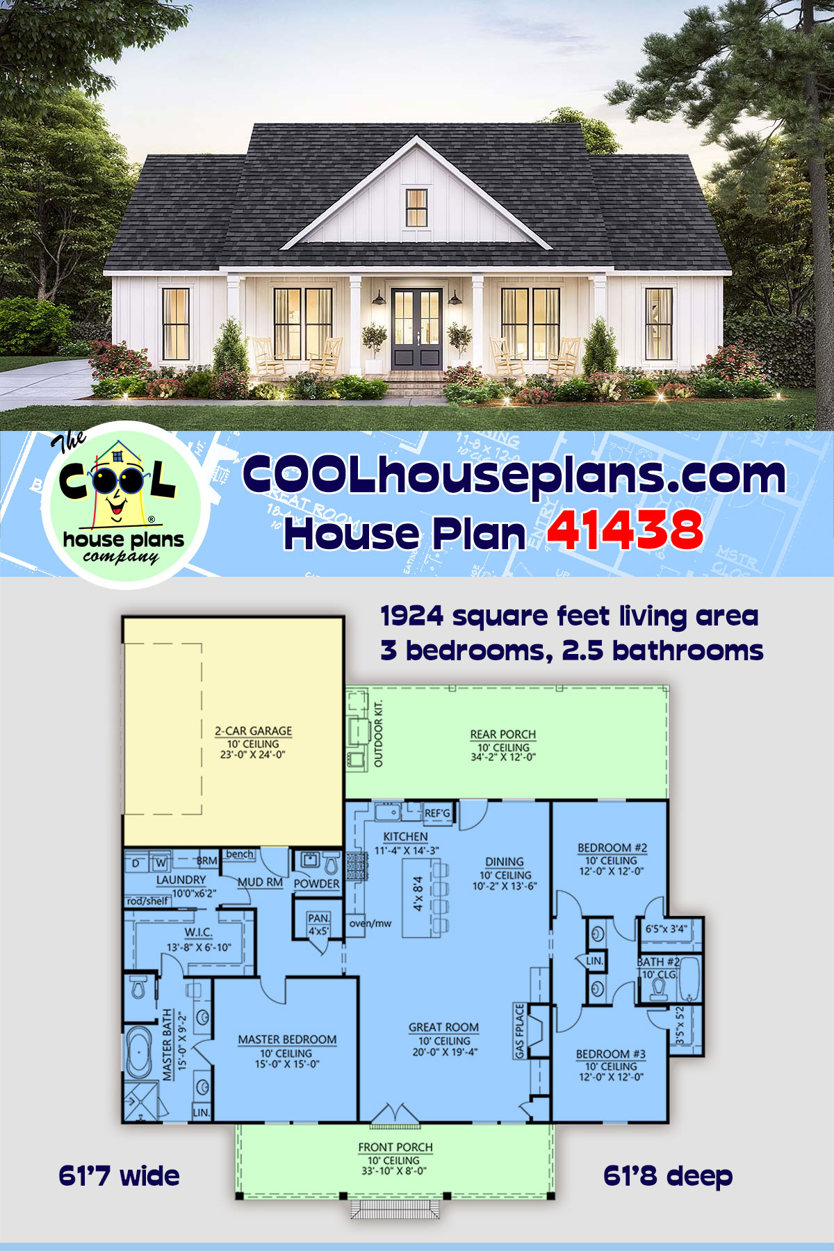 Country, Craftsman, Farmhouse House Plan 41438 with 3 Beds, 3 Baths, 2 Car Garage