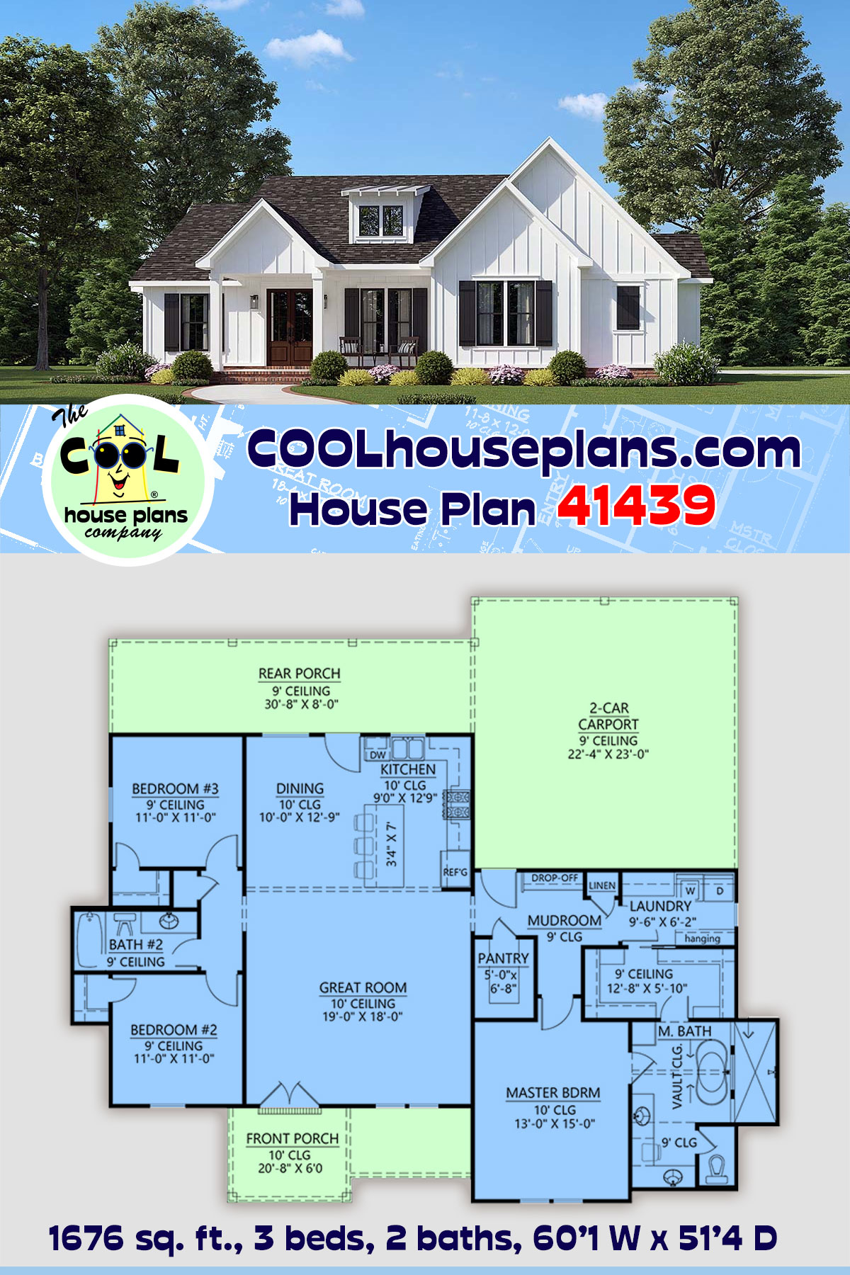 Country, Craftsman, Farmhouse House Plan 41439 with 3 Beds, 2 Baths, 2 Car Garage