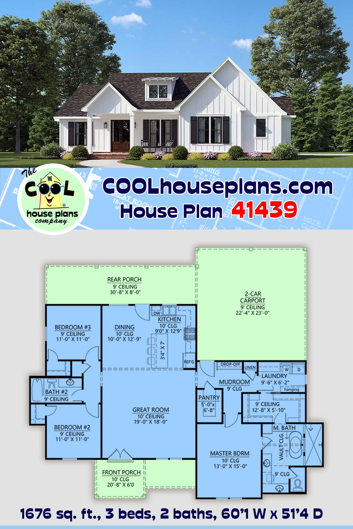 Country, Craftsman, Farmhouse, New American House Plan 41439 with 3 Beds, 2 Baths, 2 Car Garage