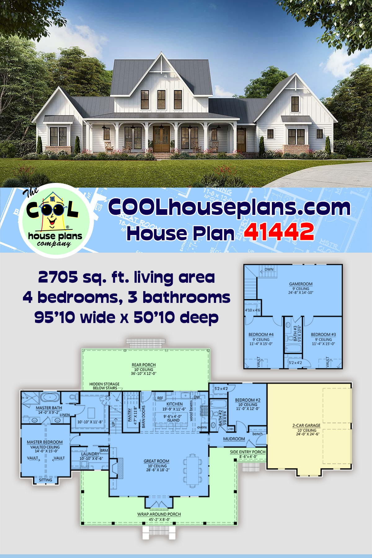 Country, Farmhouse House Plan 41442 with 4 Beds, 3 Baths, 2 Car Garage