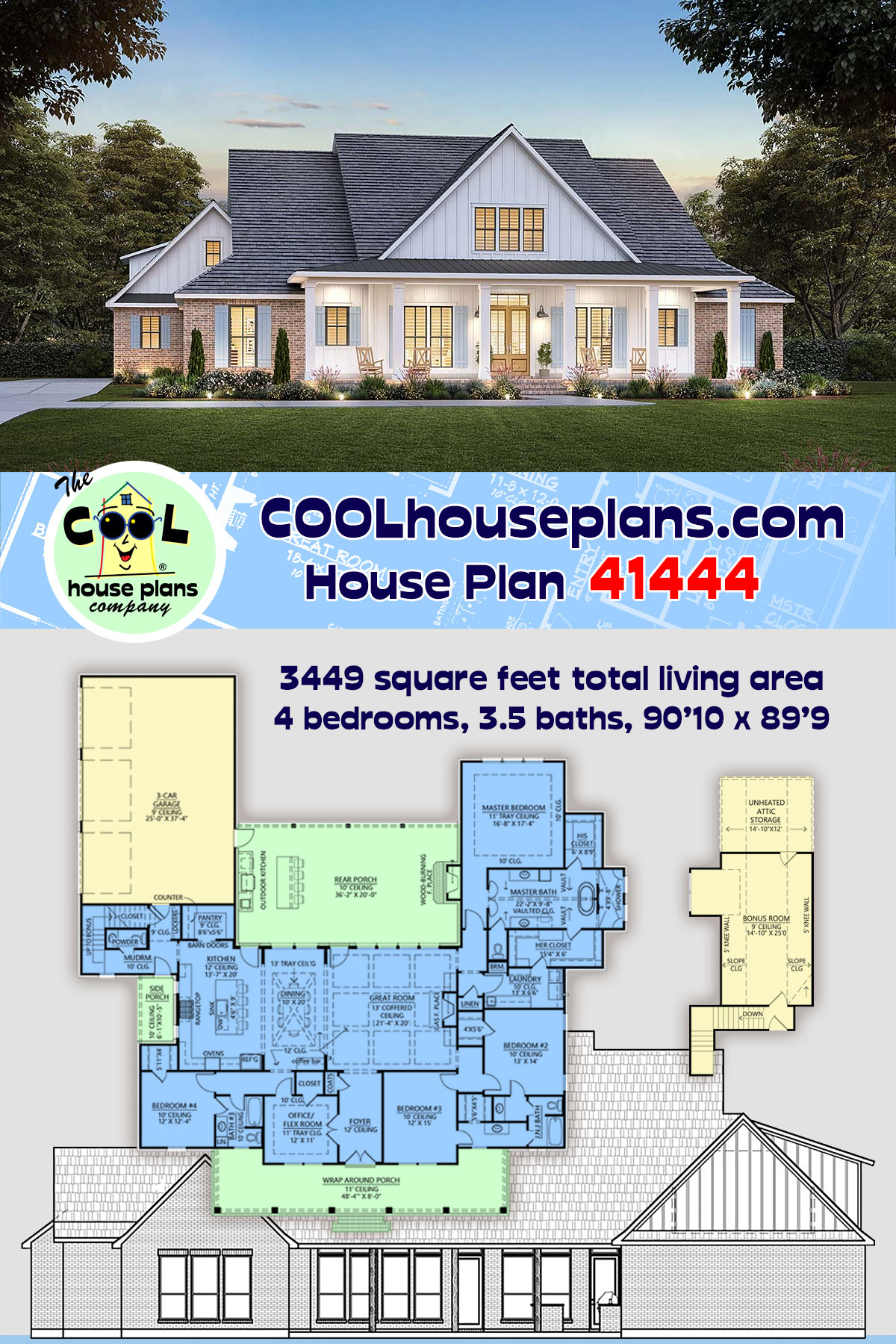 Farmhouse, Southern House Plan 41444 with 4 Beds, 4 Baths, 3 Car Garage