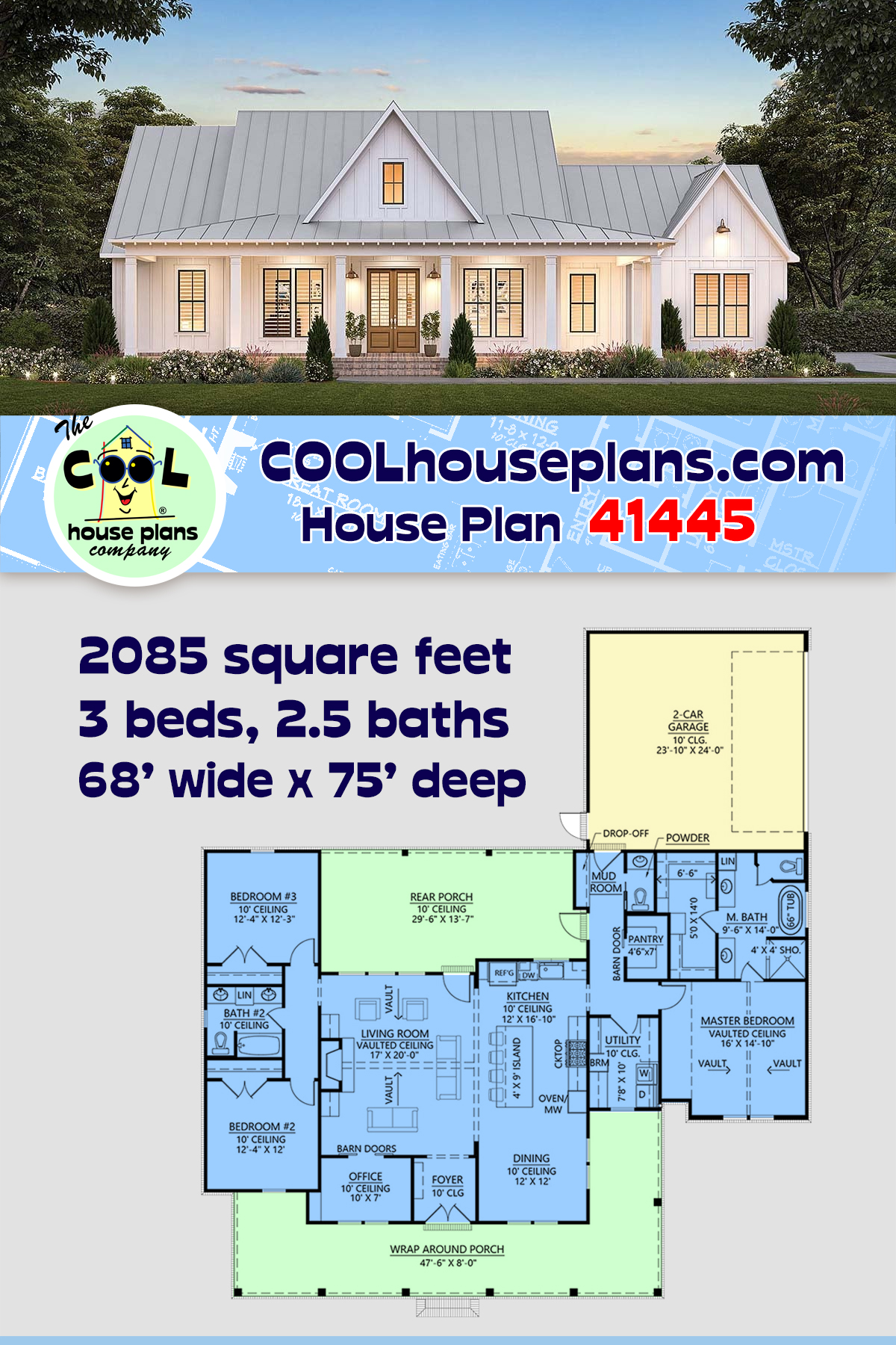 Farmhouse, Southern House Plan 41445 with 3 Beds, 2 Baths, 2 Car Garage