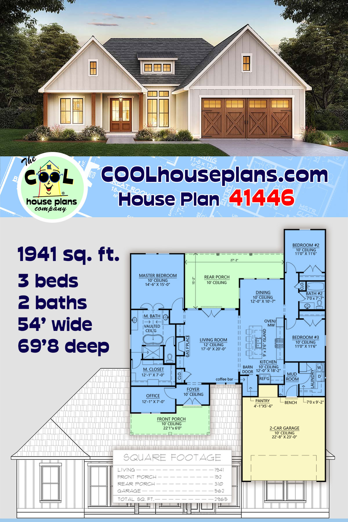 Craftsman, Farmhouse House Plan 41446 with 3 Beds, 2 Baths, 2 Car Garage