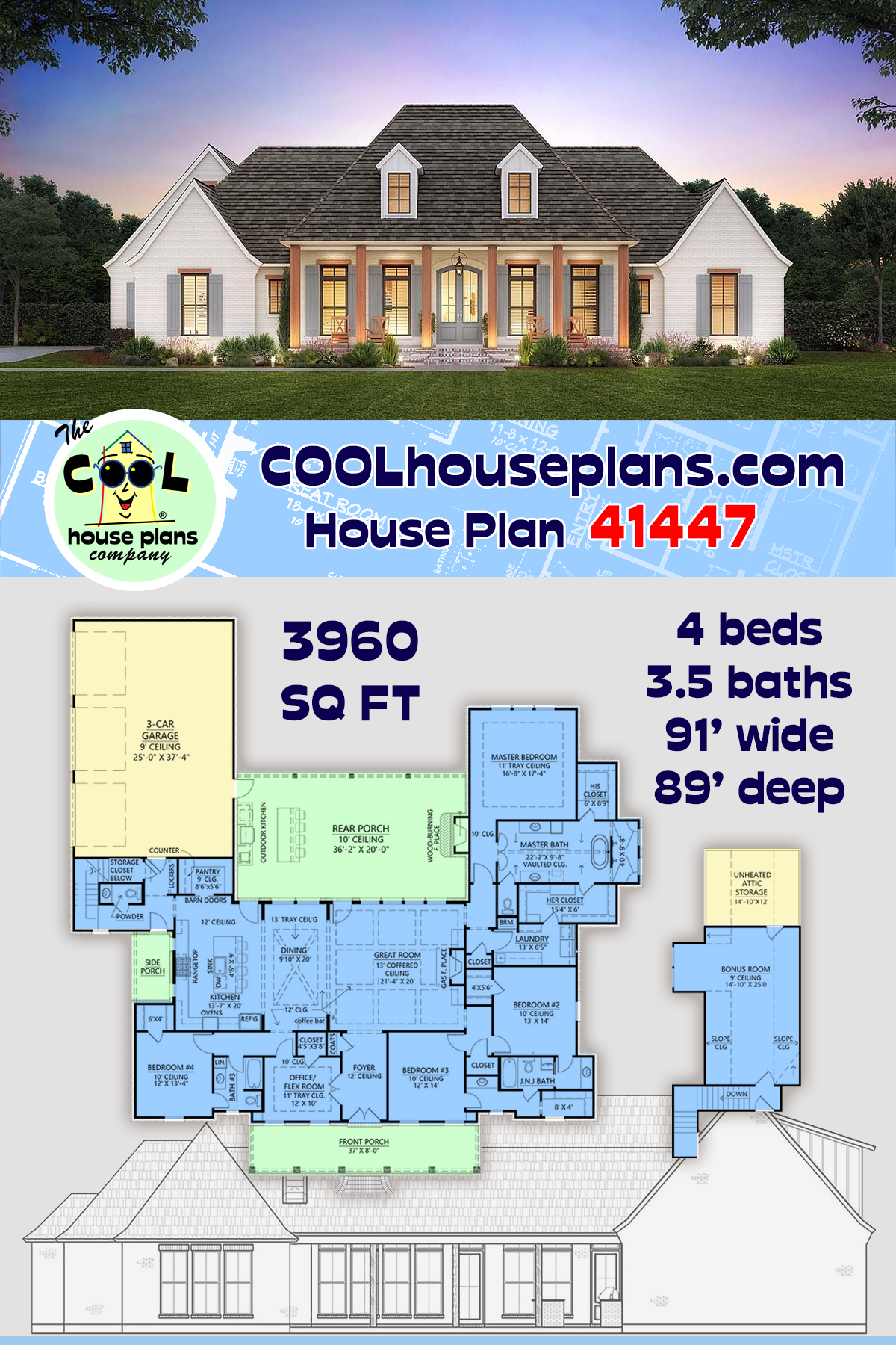 Acadian, French Country House Plan 41447 with 4 Beds, 4 Baths, 3 Car Garage