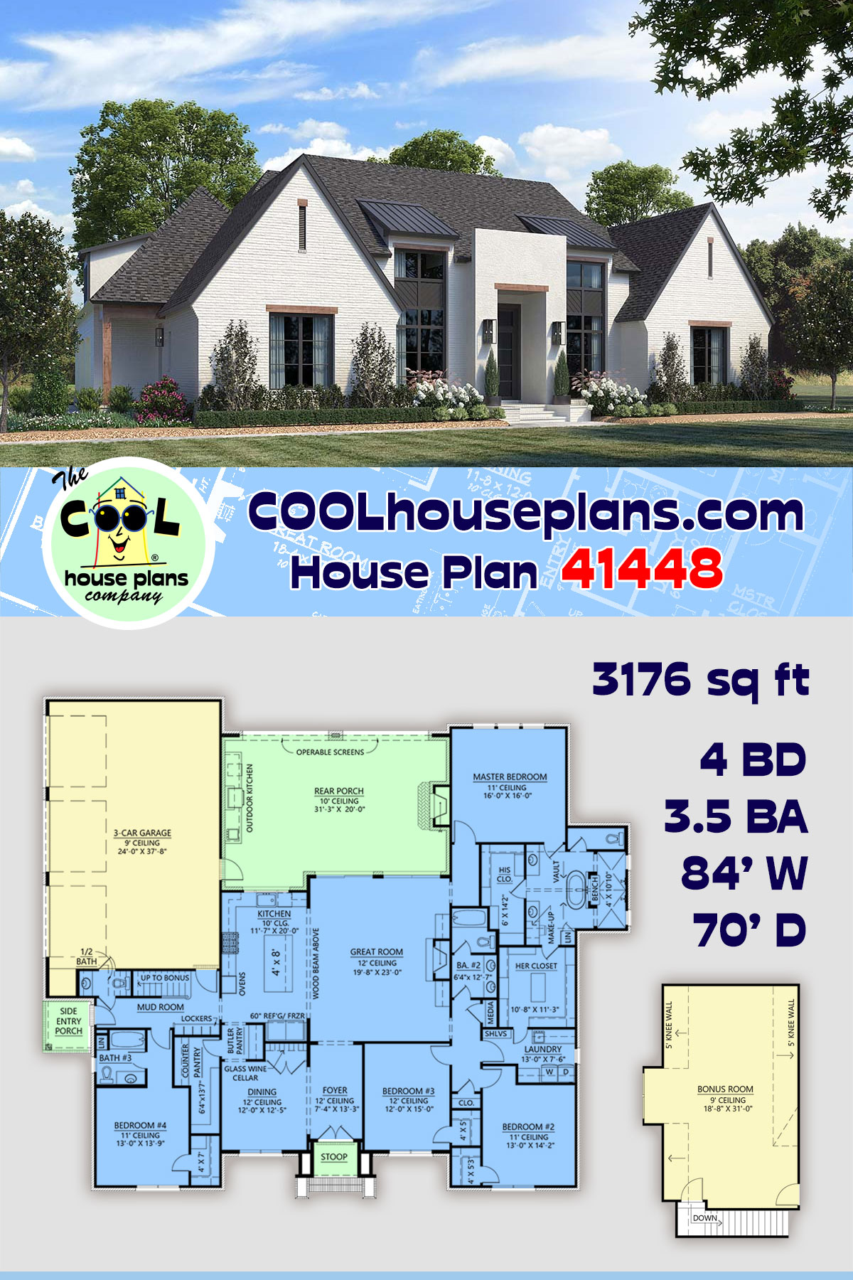 Acadian, Contemporary House Plan 41448 with 4 Beds, 4 Baths, 3 Car Garage