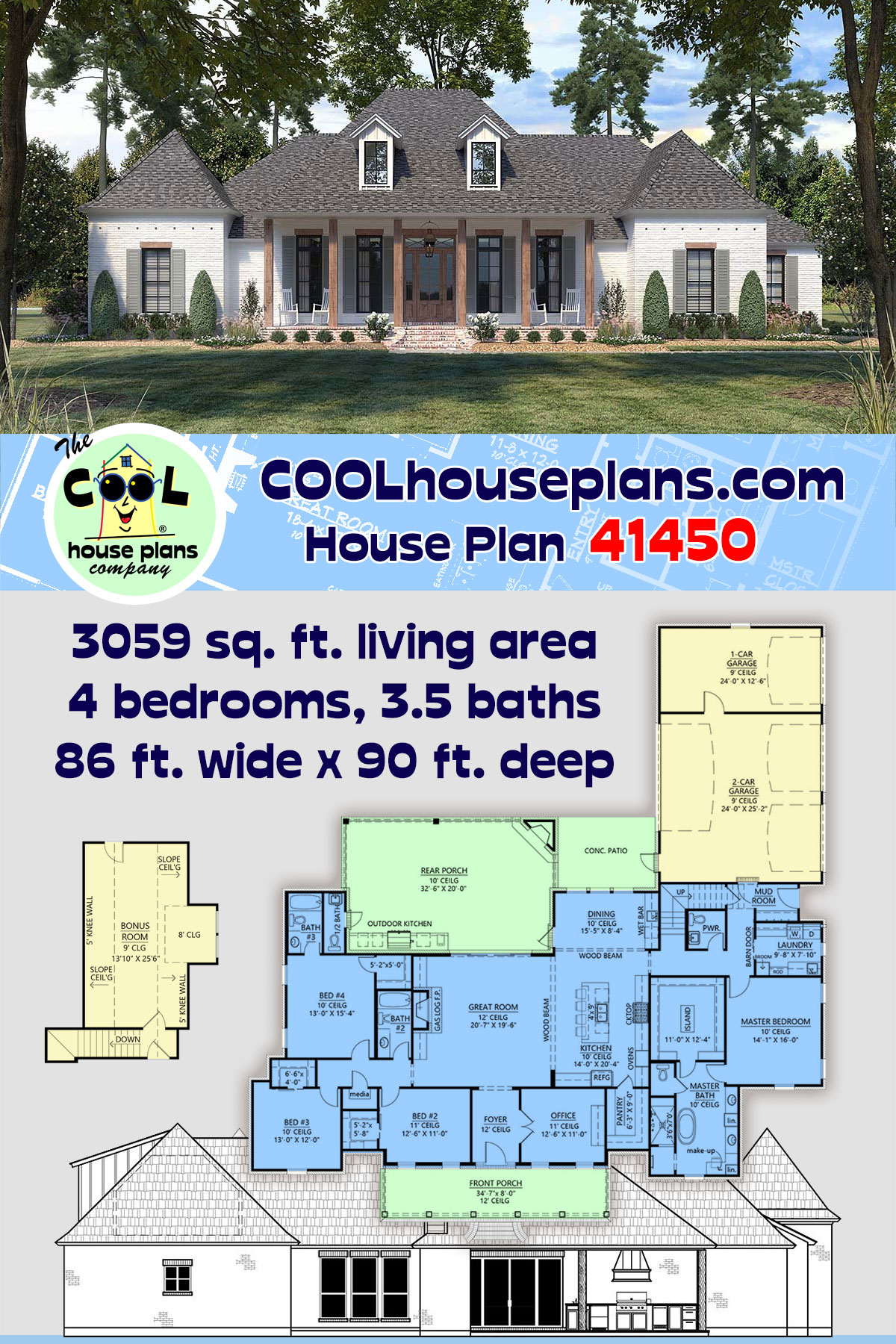 Acadian, Southern House Plan 41450 with 4 Beds, 5 Baths, 3 Car Garage