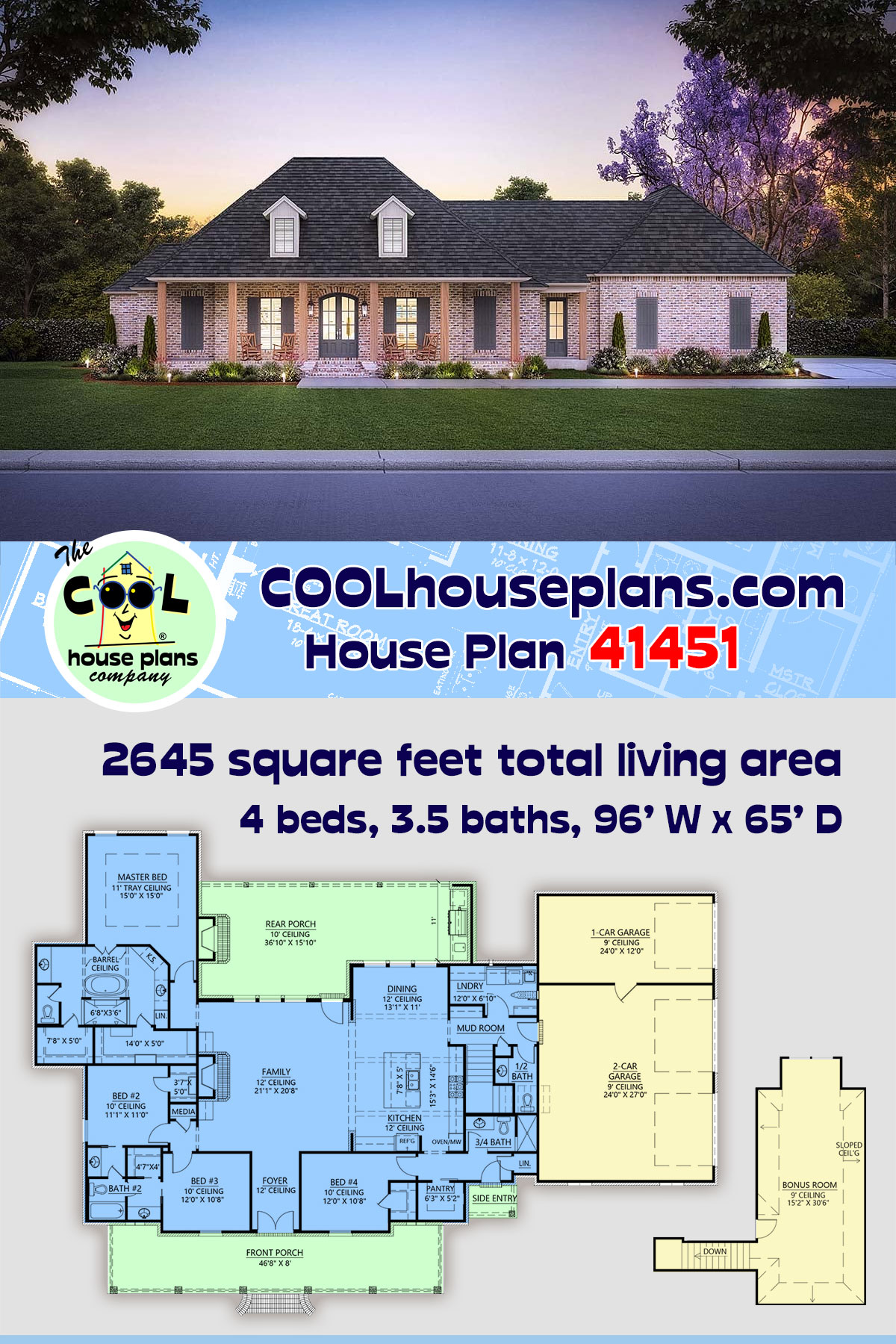 Acadian, French Country, Southern House Plan 41451 with 4 Beds, 4 Baths, 3 Car Garage