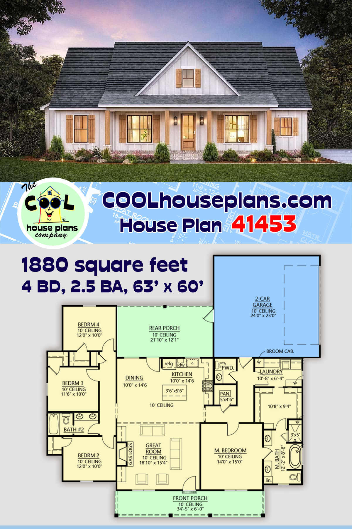 Country, Farmhouse House Plan 41453 with 4 Beds, 3 Baths, 2 Car Garage