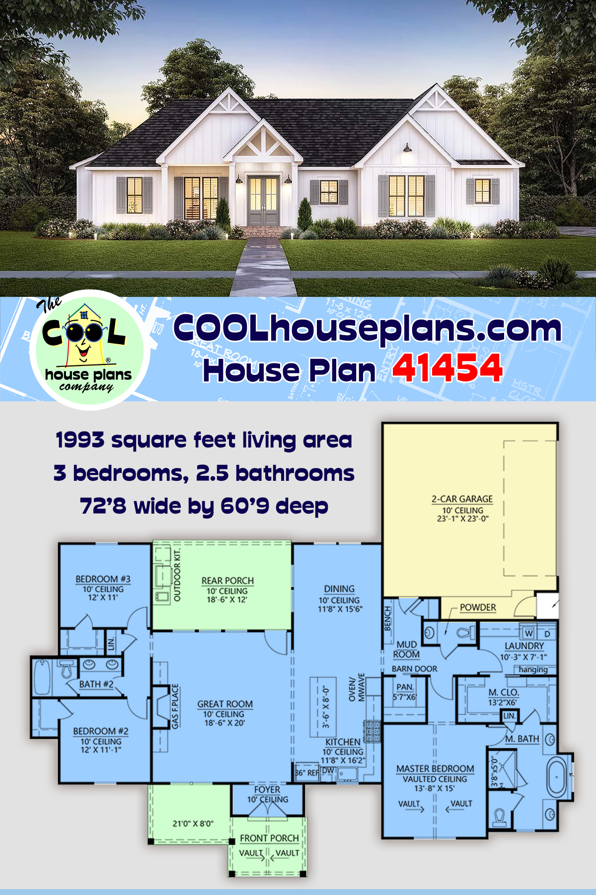 Country, Farmhouse, New American House Plan 41454 with 3 Beds, 3 Baths, 2 Car Garage