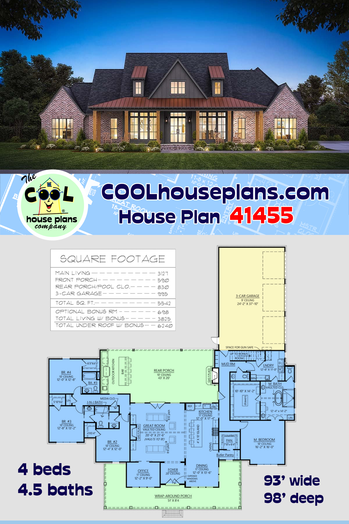 Country, Farmhouse House Plan 41455 with 4 Beds, 5 Baths, 3 Car Garage