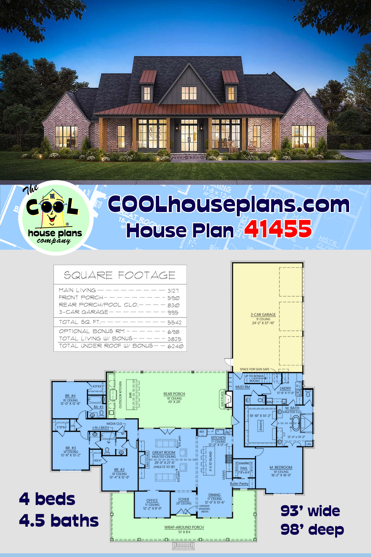 Country, Farmhouse, New American House Plan 41455 with 4 Beds, 5 Baths, 3 Car Garage