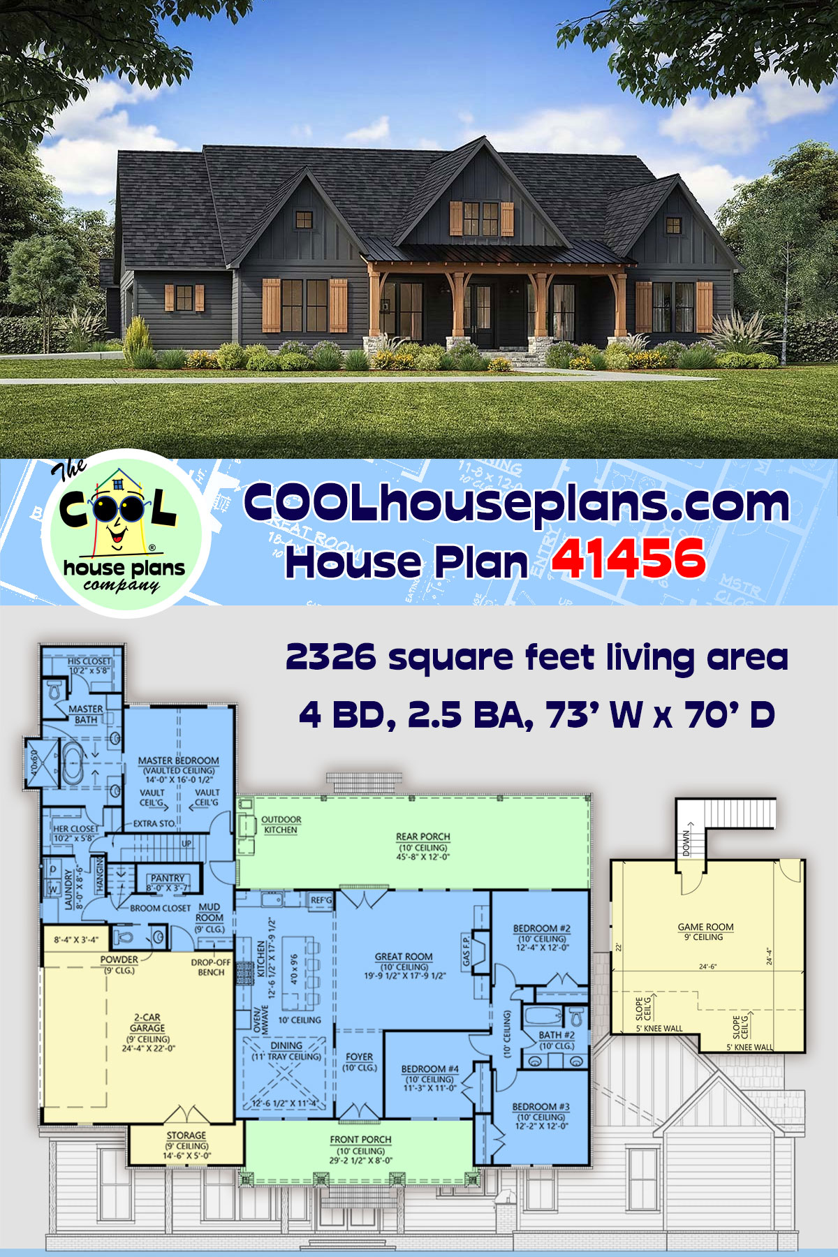 Country, Farmhouse, Ranch House Plan 41456 with 4 Beds, 3 Baths, 2 Car Garage