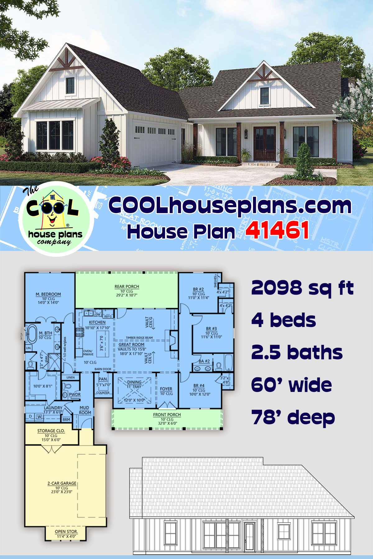 Farmhouse, New American, Ranch House Plan 41461 with 4 Beds, 3 Baths, 2 Car Garage