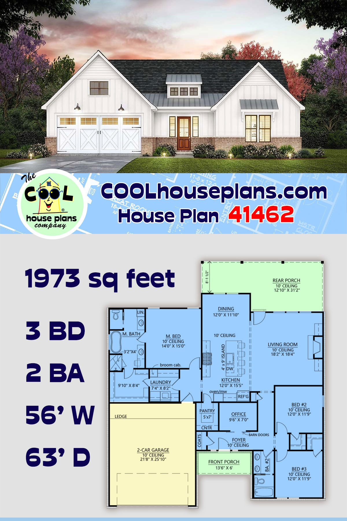 Craftsman, Farmhouse, Ranch House Plan 41462 with 3 Beds, 2 Baths, 2 Car Garage