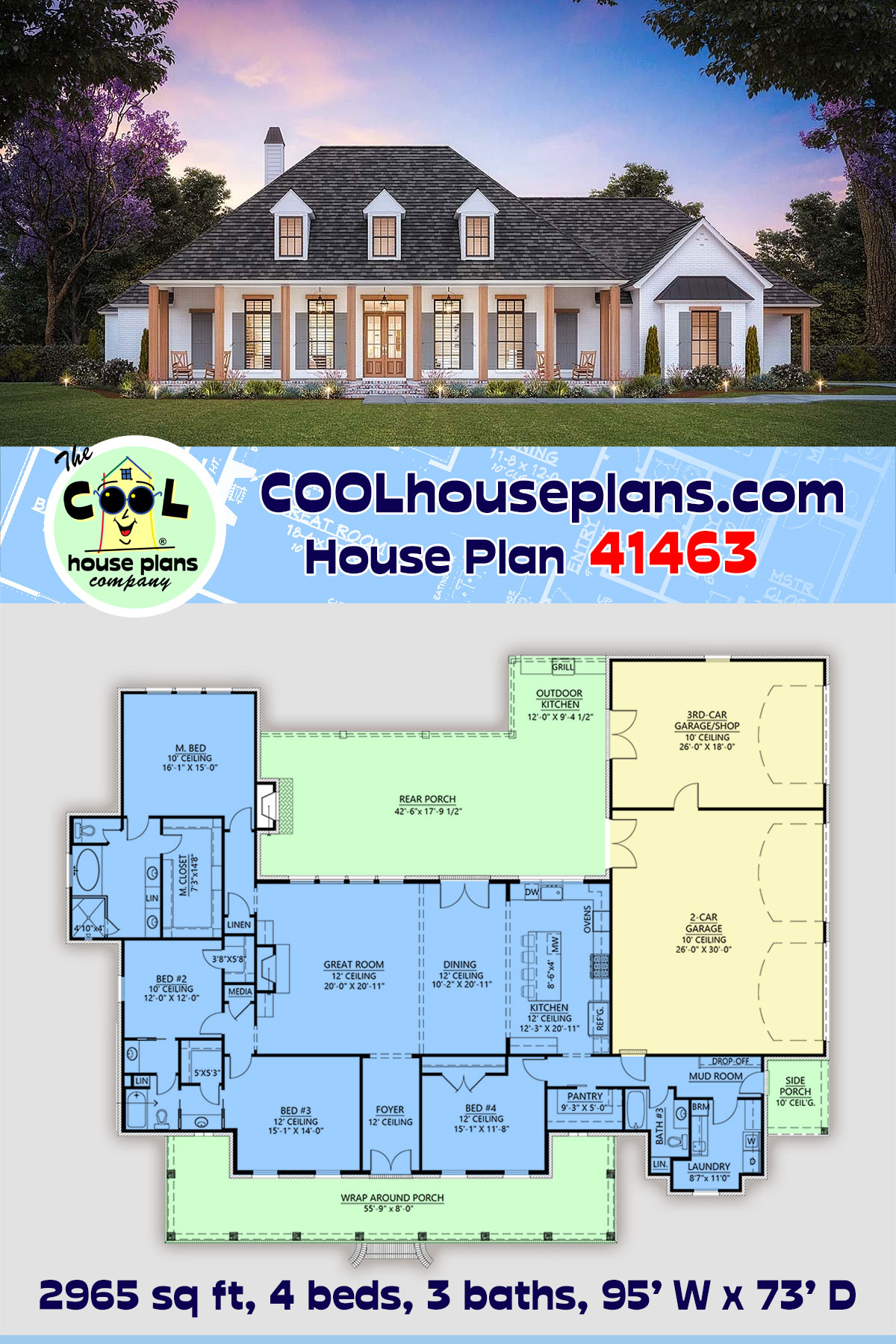 Colonial, One-Story House Plan 41463 with 4 Beds, 3 Baths, 3 Car Garage