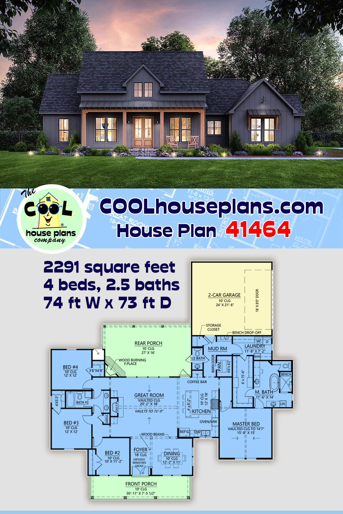 Craftsman, Farmhouse, New American House Plan 41464 with 4 Beds, 3 Baths, 2 Car Garage