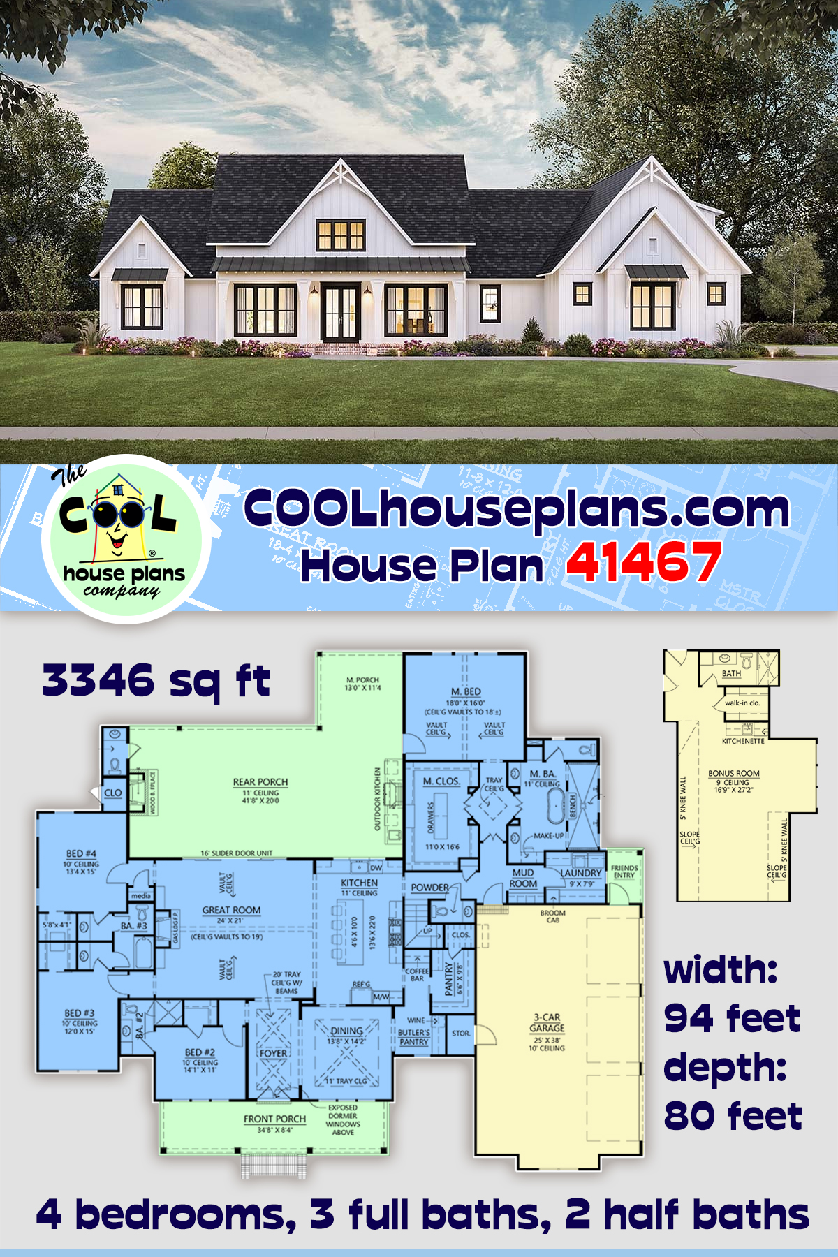 Farmhouse, New American, One-Story, Ranch House Plan 41467 with 4 Beds, 5 Baths, 3 Car Garage