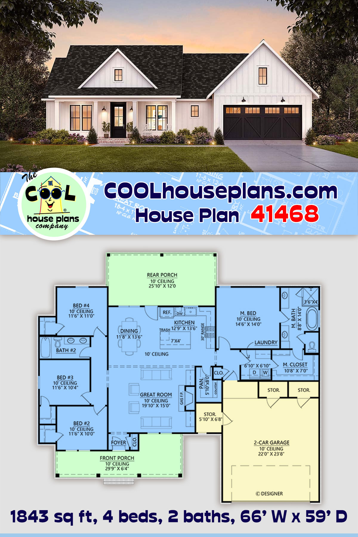Craftsman, Farmhouse House Plan 41468 with 4 Beds, 2 Baths, 2 Car Garage