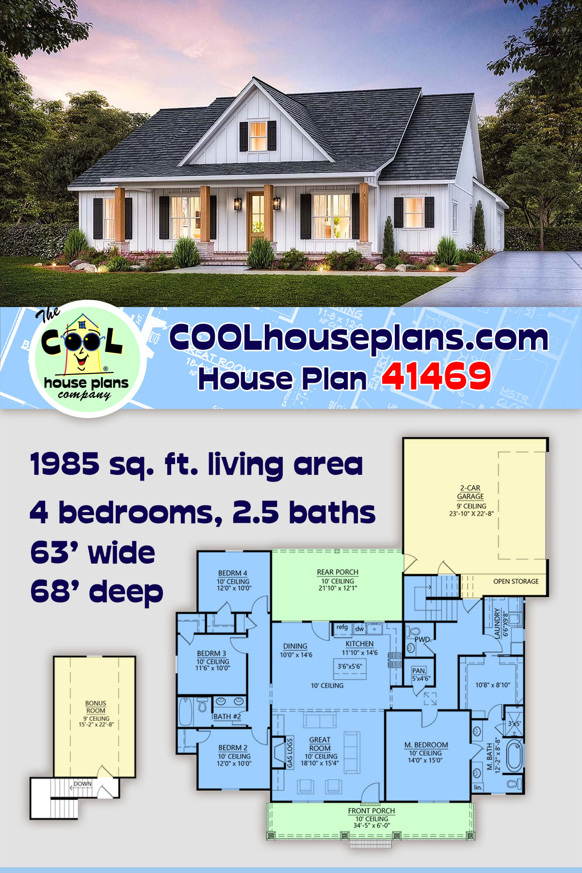 Craftsman, Farmhouse, New American House Plan 41469 with 4 Beds, 3 Baths, 2 Car Garage