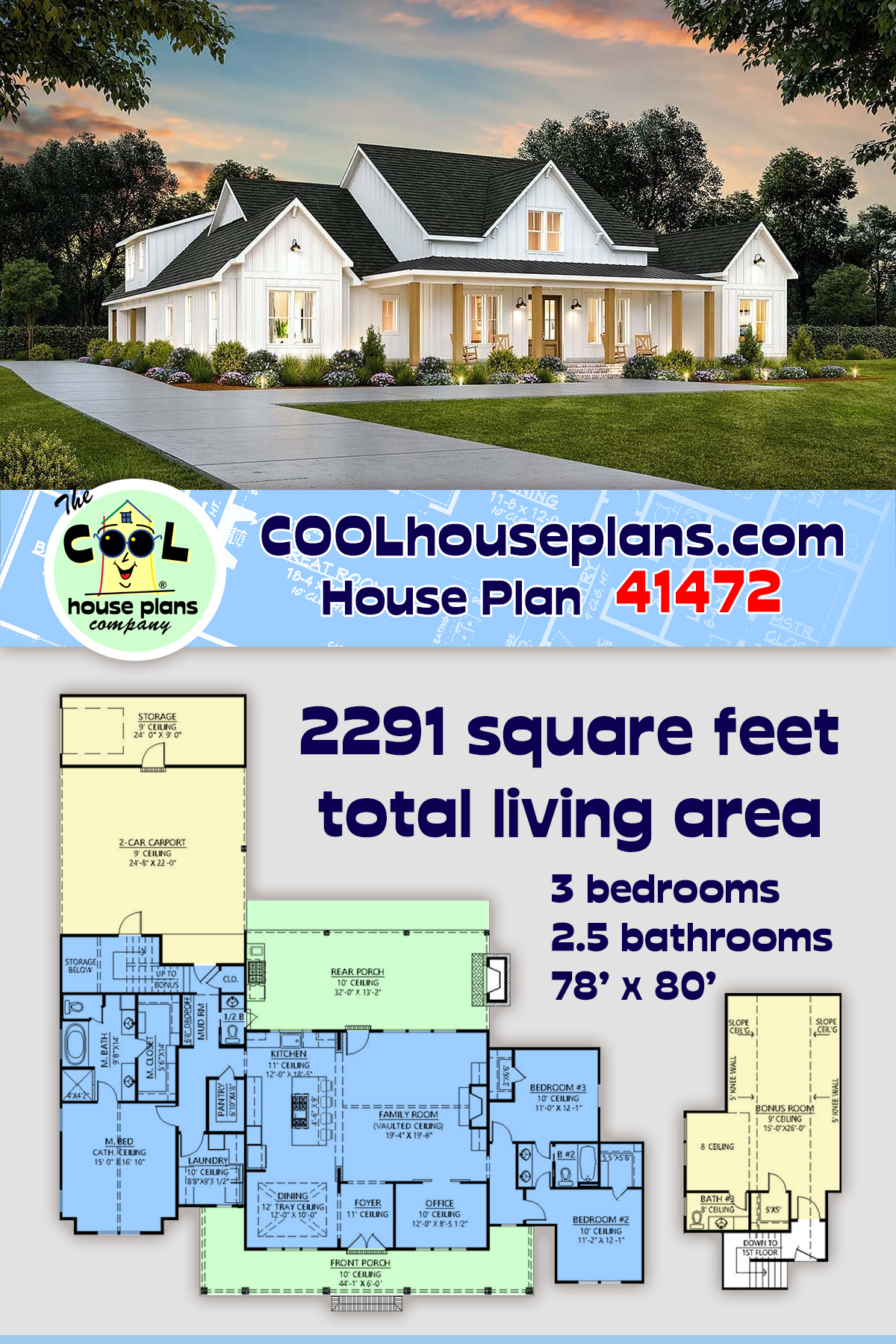 Country, Farmhouse House Plan 41472 with 3 Beds, 3 Baths, 2 Car Garage