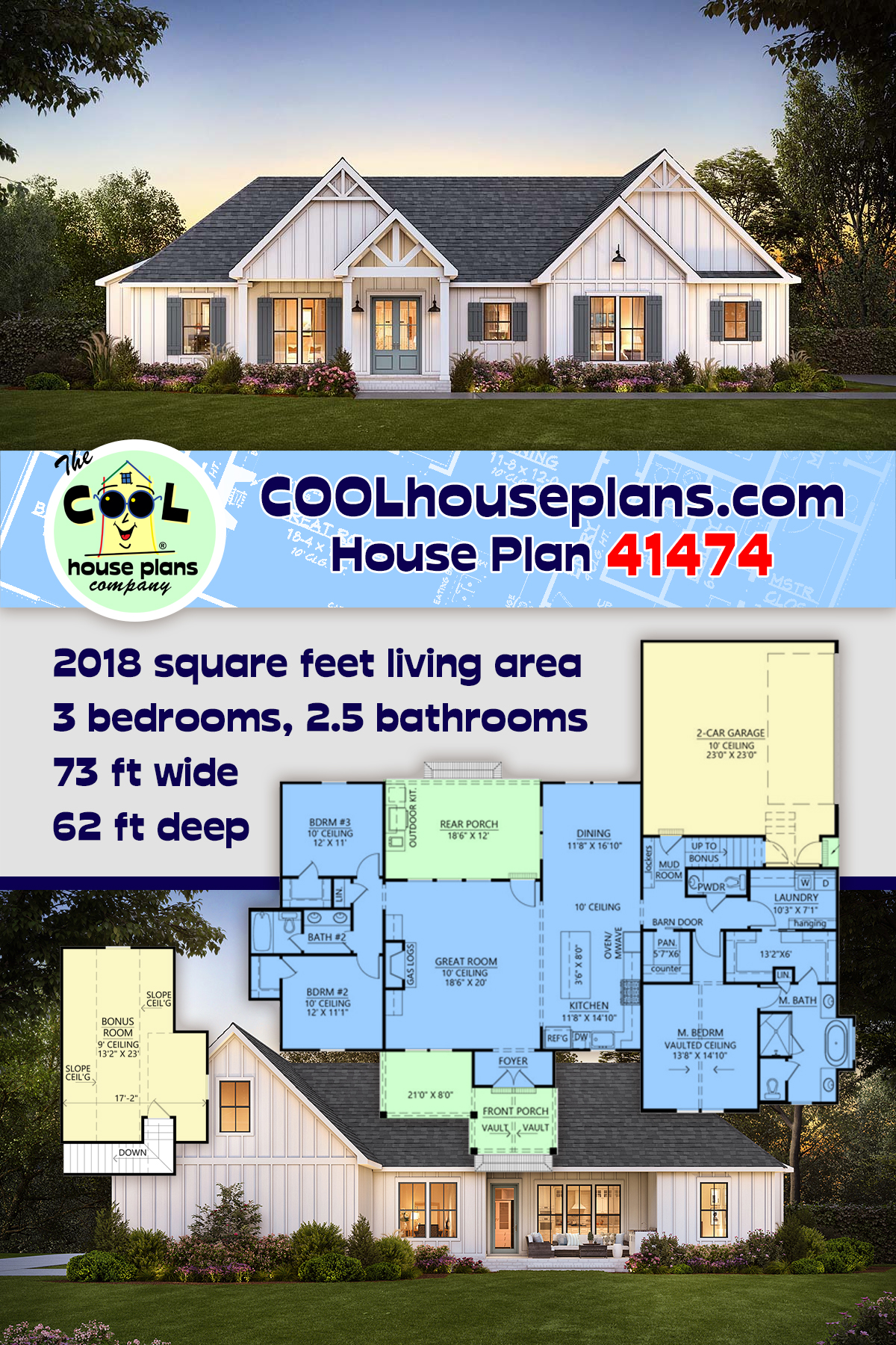 Farmhouse House Plan 41474 with 3 Beds, 3 Baths, 2 Car Garage