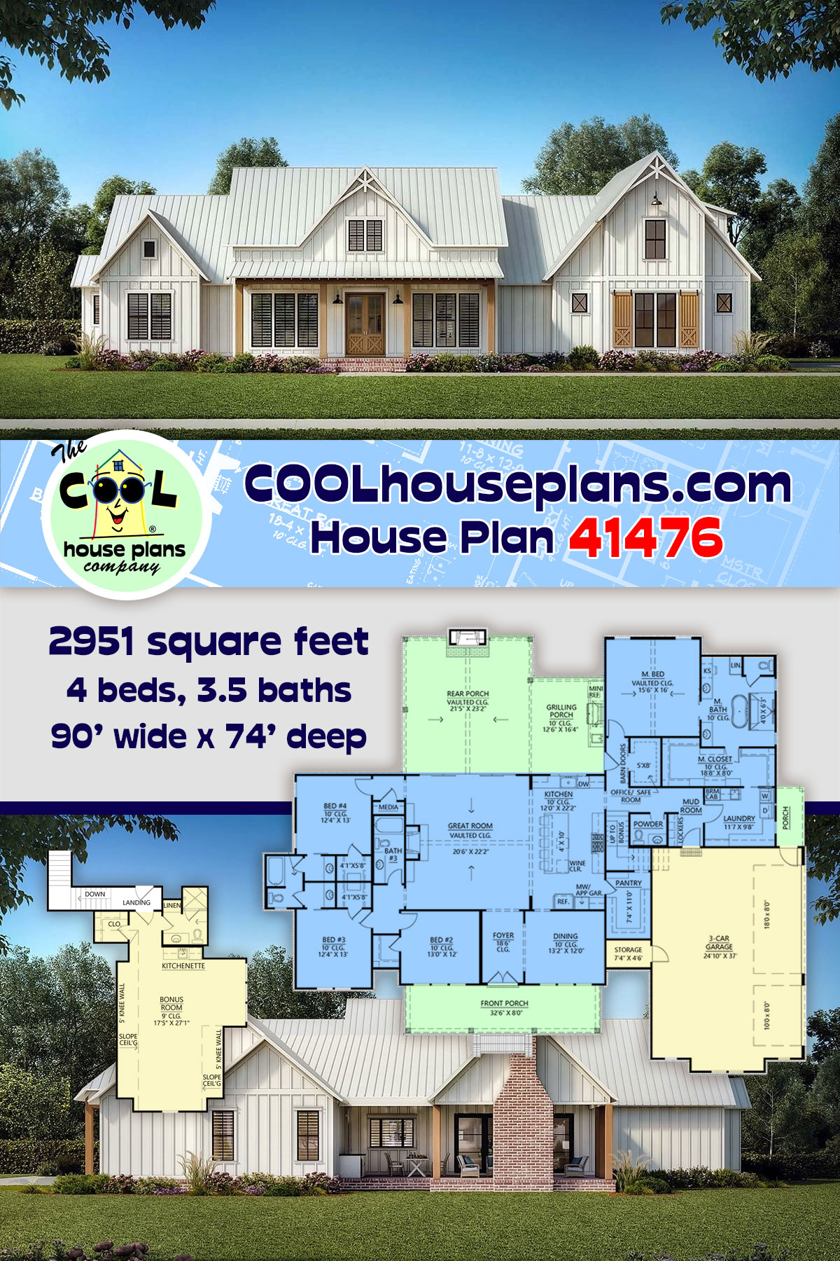 Country, Farmhouse House Plan 41476 with 4 Beds, 4 Baths, 3 Car Garage