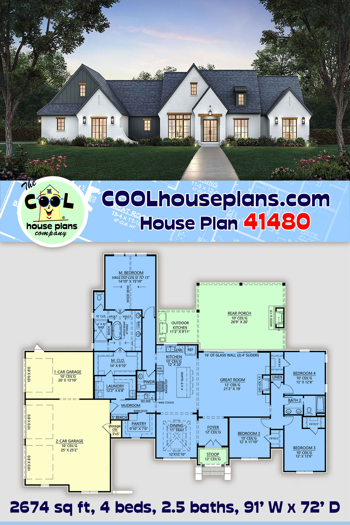 Farmhouse House Plan 41480 with 4 Beds, 3 Baths, 3 Car Garage