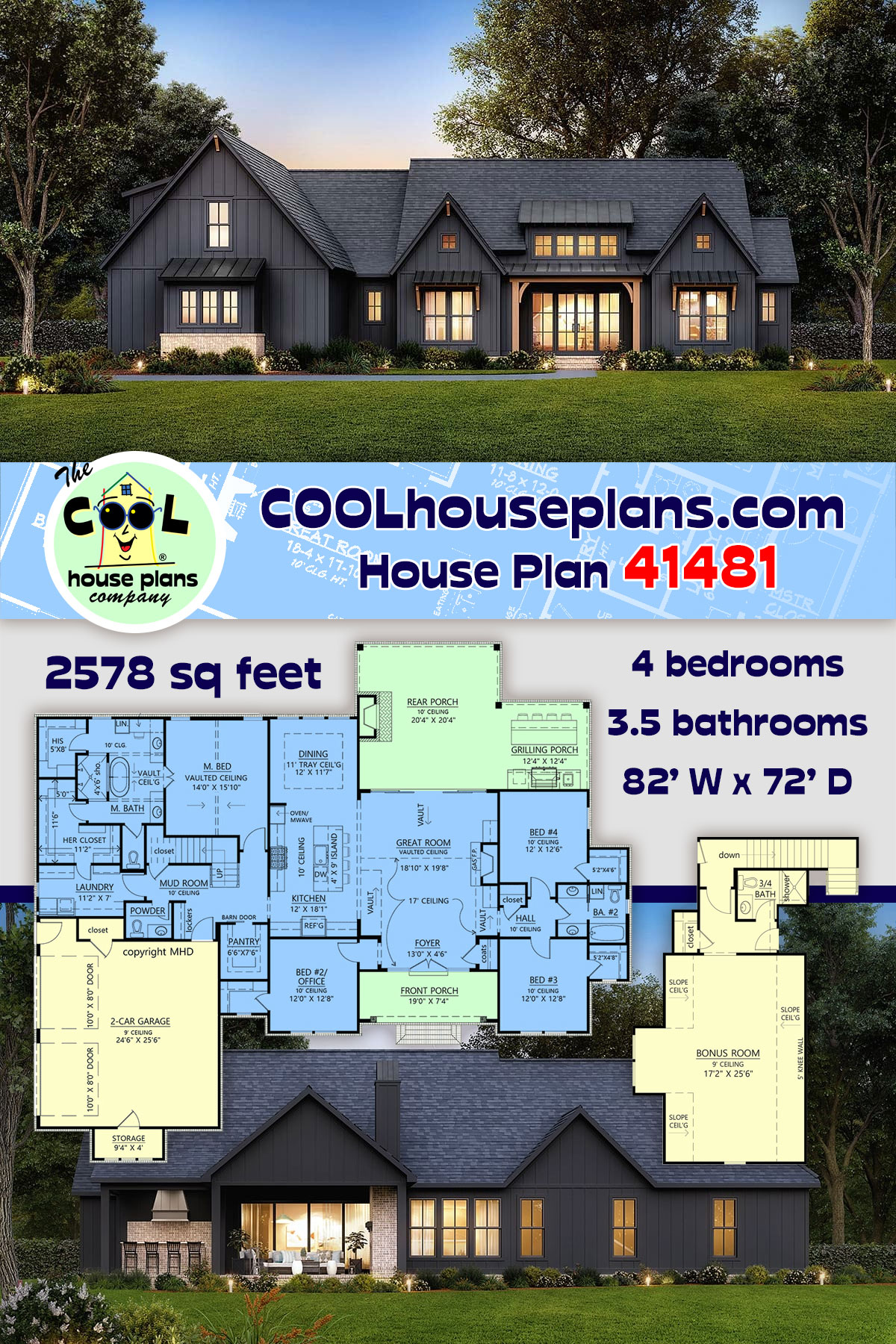 Craftsman, Farmhouse House Plan 41481 with 4 Beds, 4 Baths, 2 Car Garage