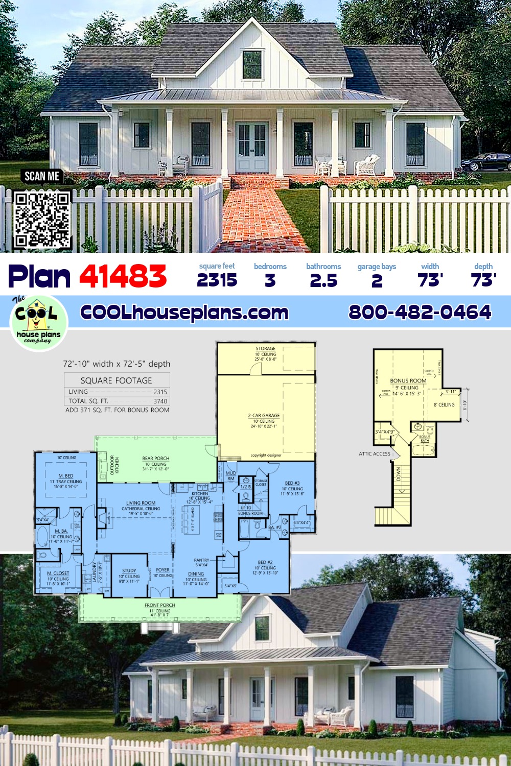 Country, Farmhouse, New American House Plan 41483 with 3 Beds, 3 Baths, 2 Car Garage