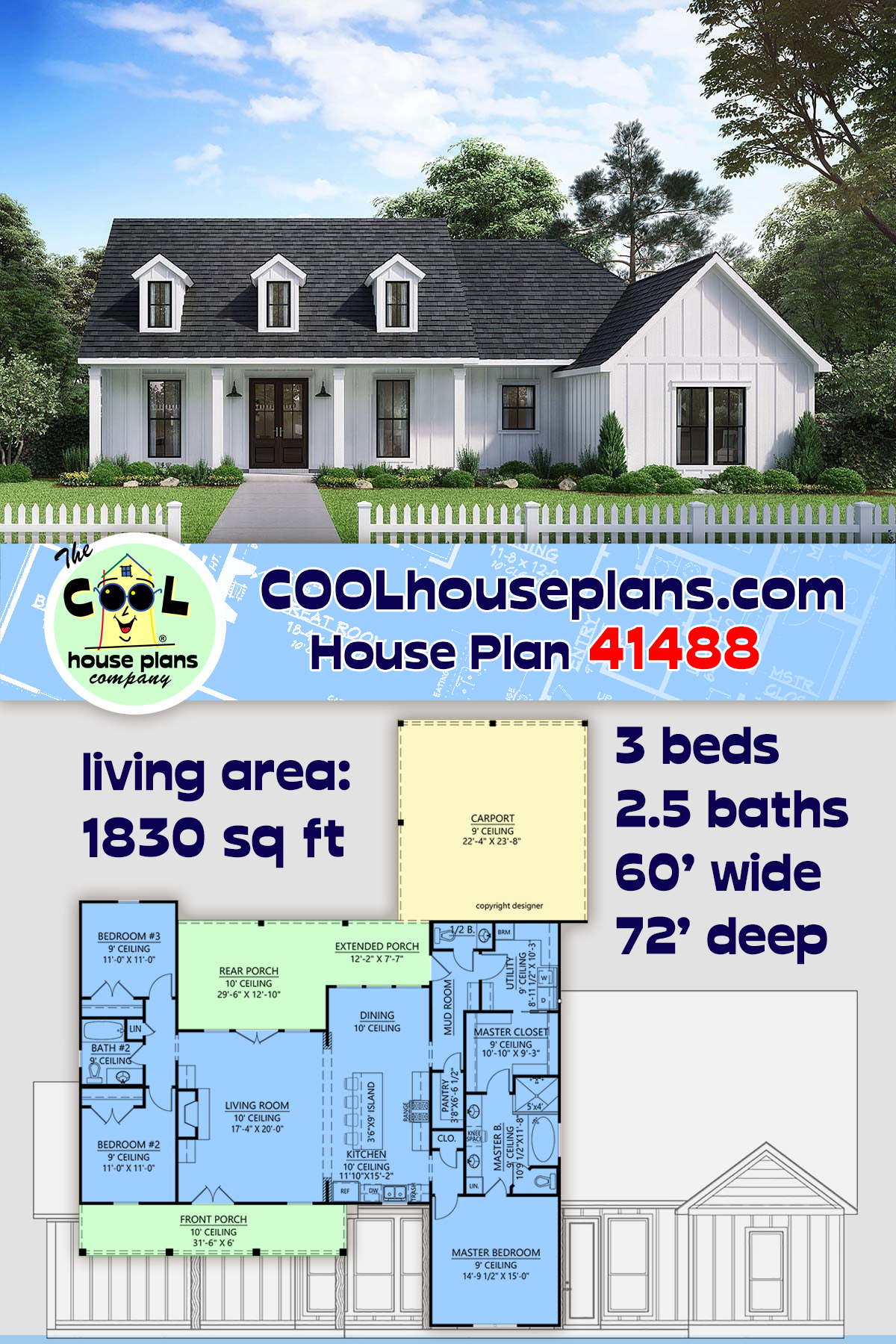 Country, Farmhouse, Southern House Plan 41488 with 3 Beds, 3 Baths, 2 Car Garage