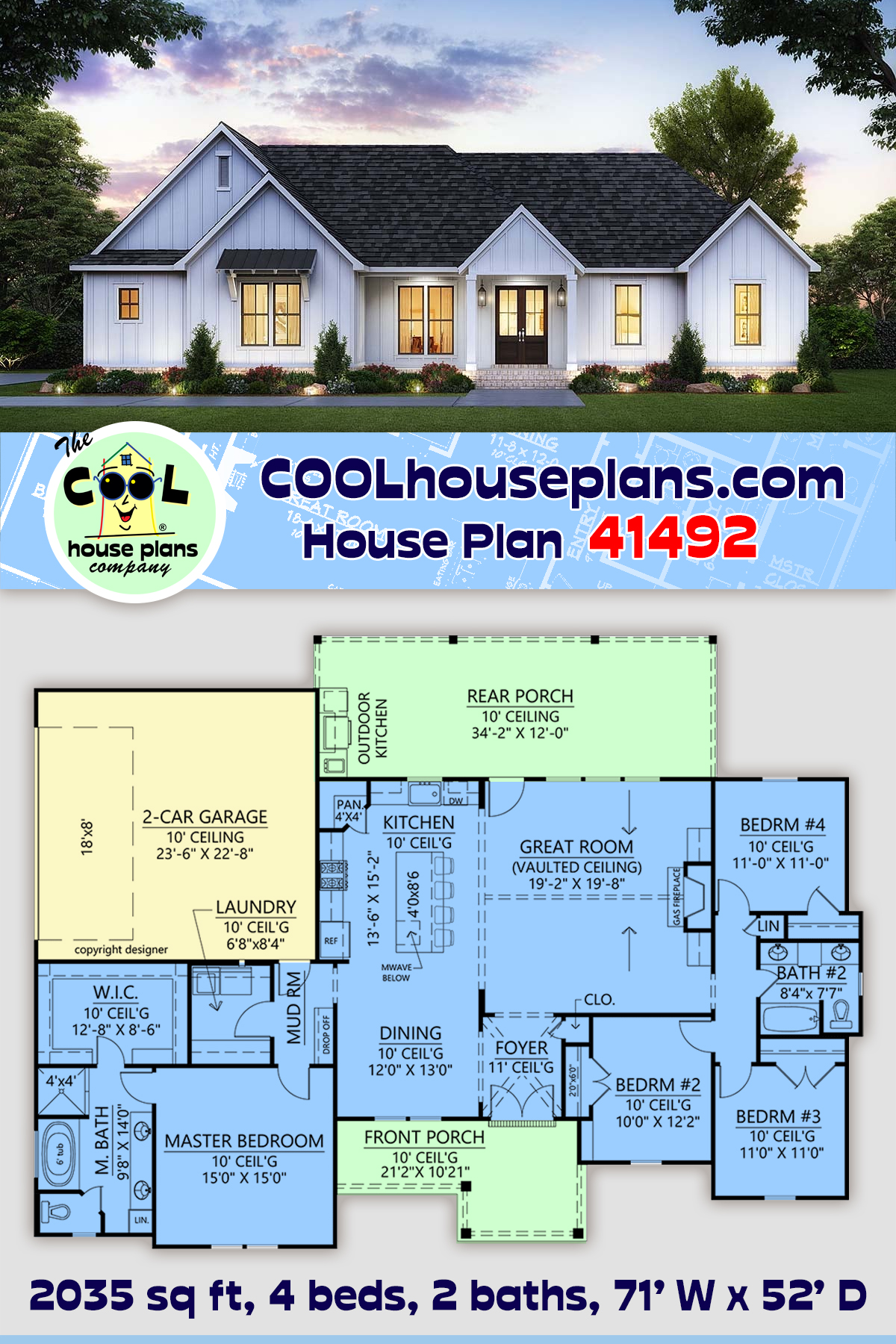Country, Farmhouse, New American 2 Car Garage Plan 41492 with 4 Beds, 2 Baths