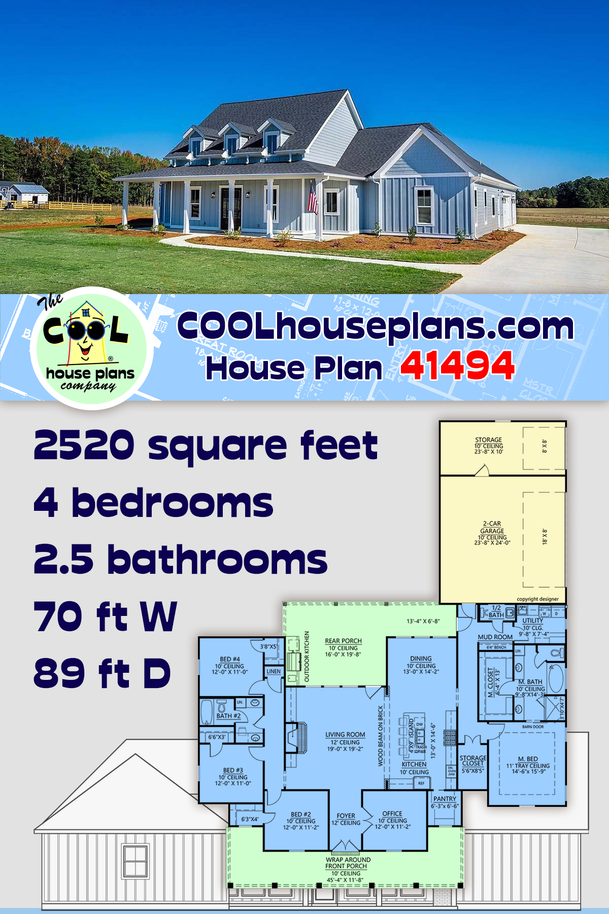 Country, Farmhouse House Plan 41494 with 4 Beds, 3 Baths, 3 Car Garage