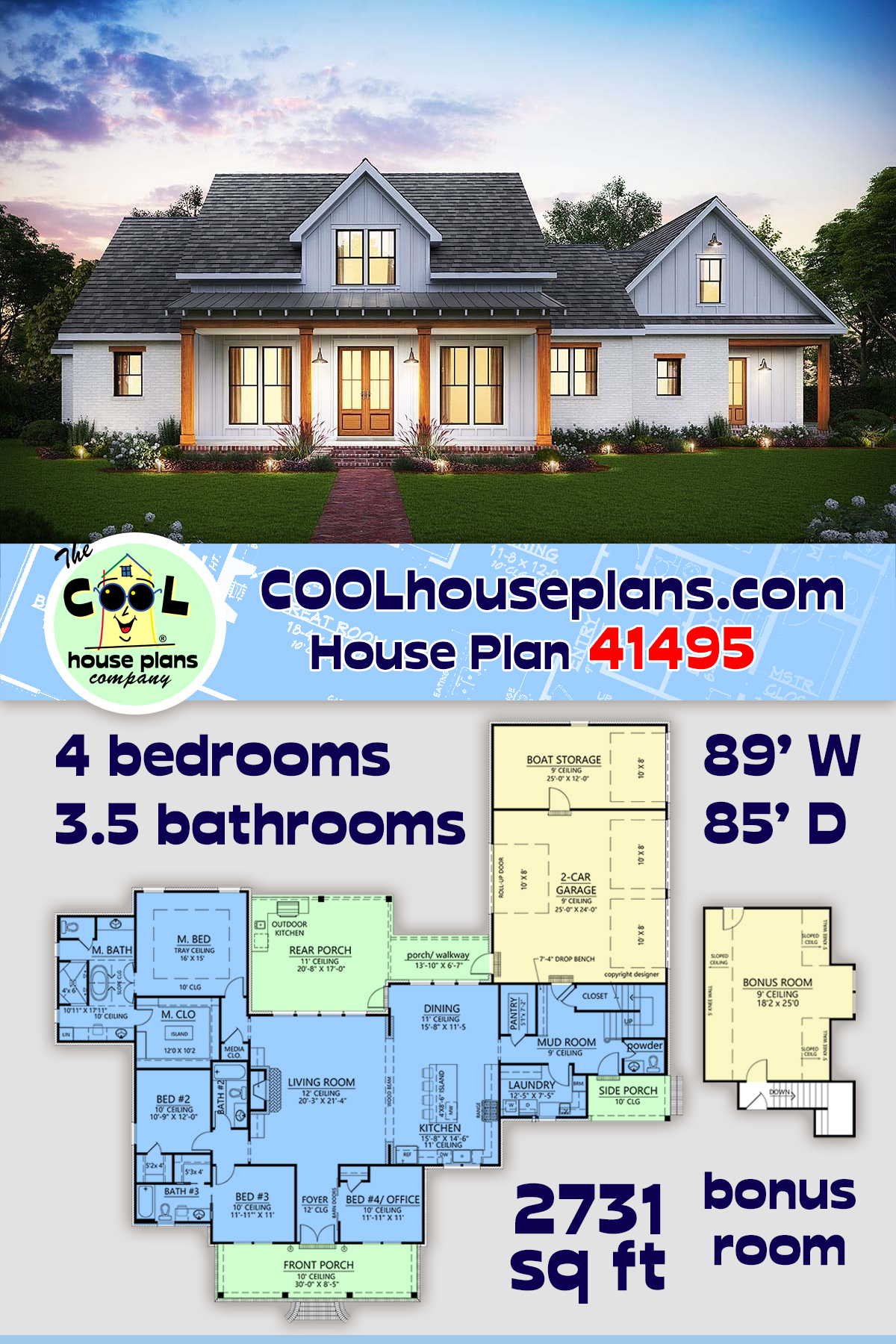 Country, Farmhouse, New American, Southern House Plan 41495 with 4 Beds, 4 Baths, 3 Car Garage