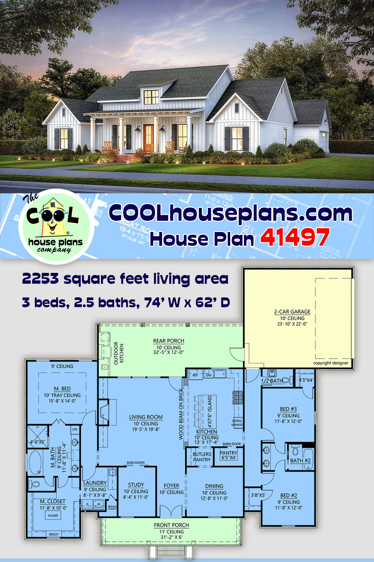 Country, Farmhouse, New American House Plan 41497 with 3 Beds, 3 Baths, 2 Car Garage