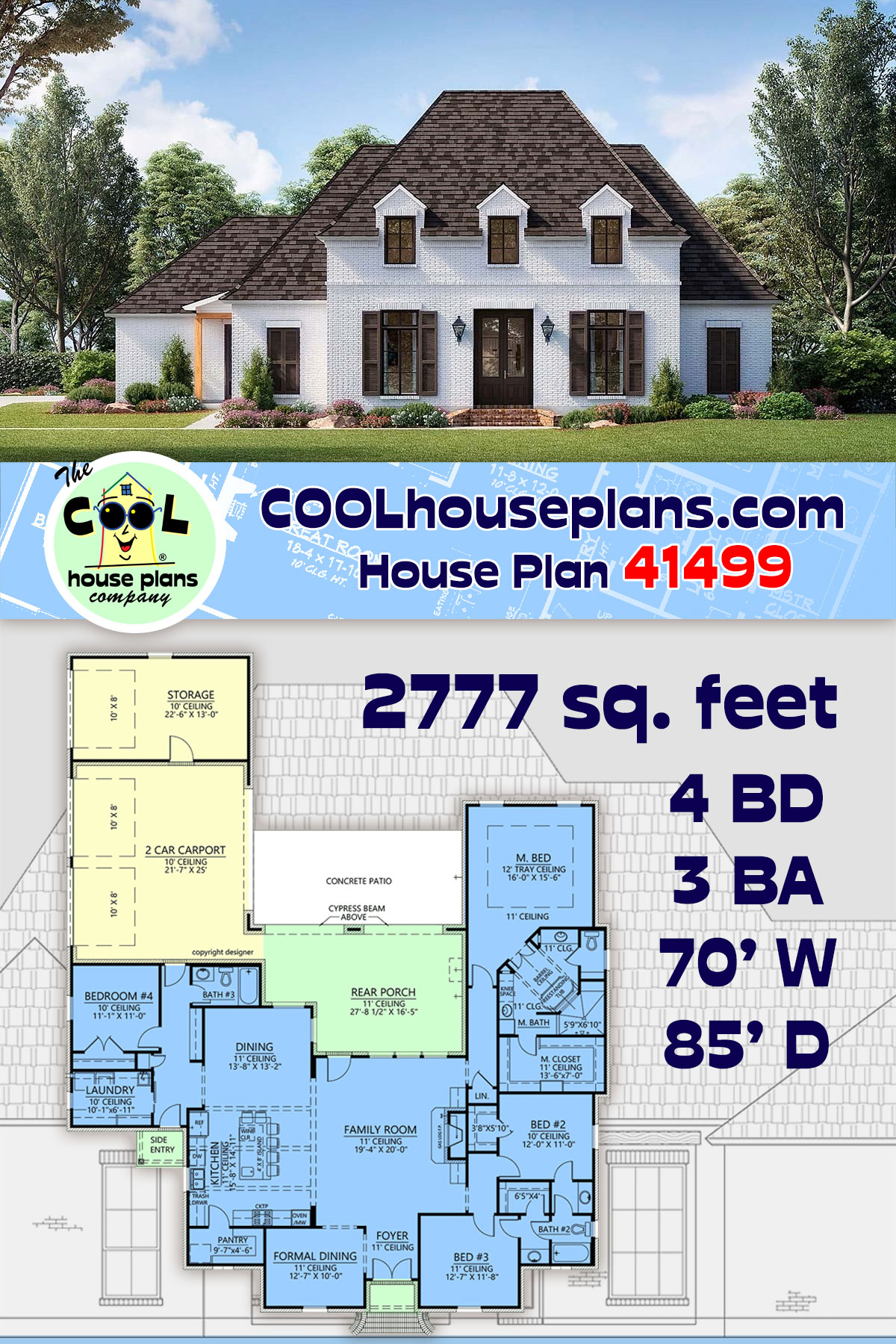 Acadian, French Country House Plan 41499 with 4 Beds, 3 Baths, 2 Car Garage