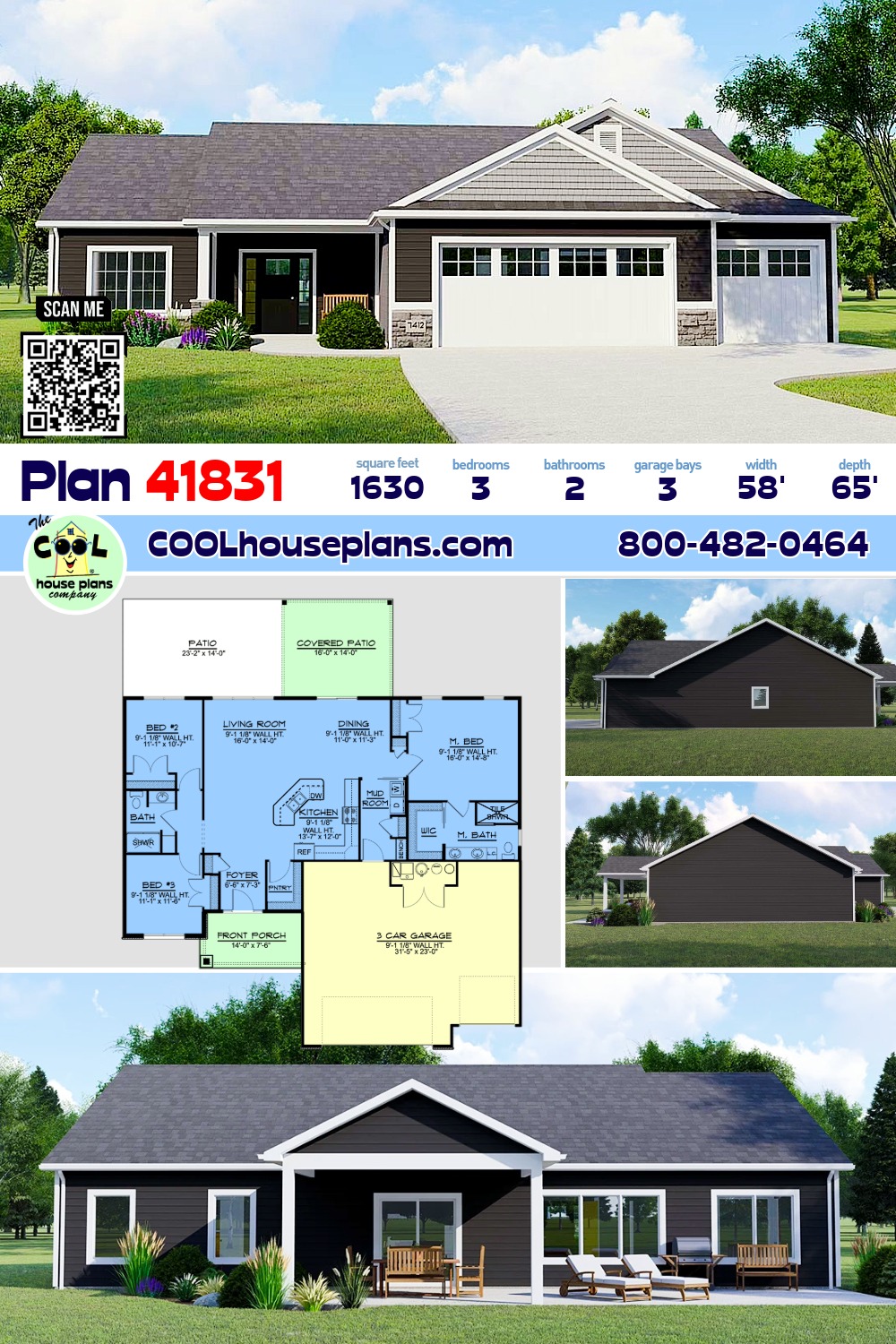 Craftsman, Ranch, Traditional House Plan 41831 with 3 Beds, 2 Baths, 3 Car Garage
