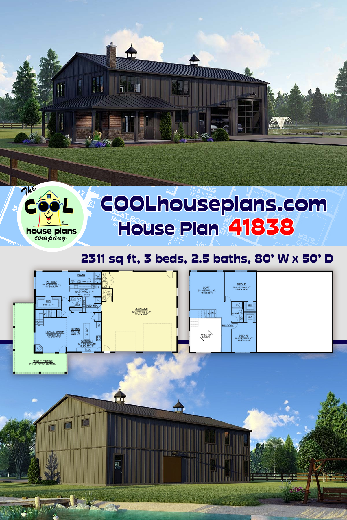 Barndominium, Country, Craftsman House Plan 41838 with 3 Beds, 4 Baths, 2 Car Garage