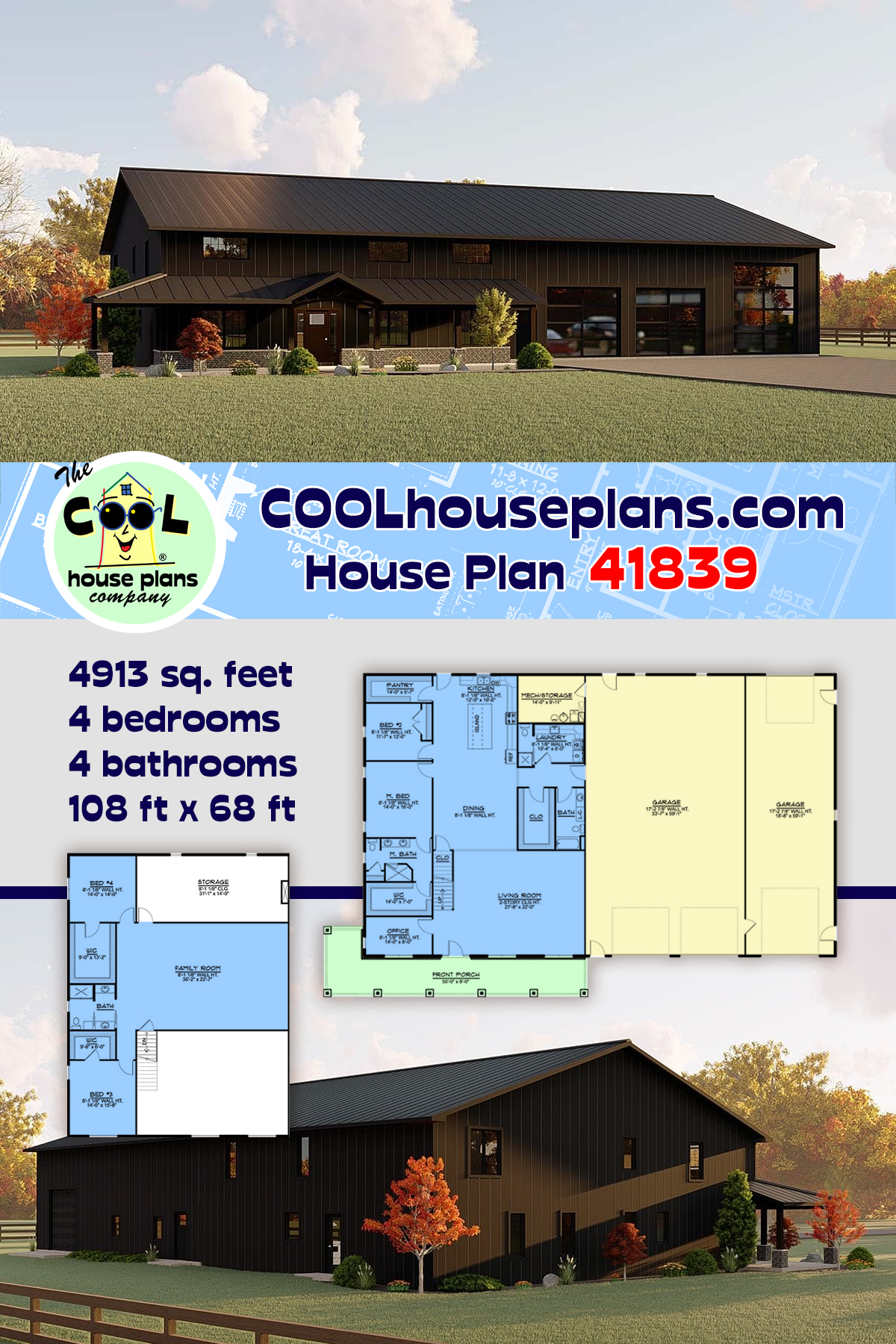 Barndominium House Plan 41839 with 4 Beds, 4 Baths, 4 Car Garage