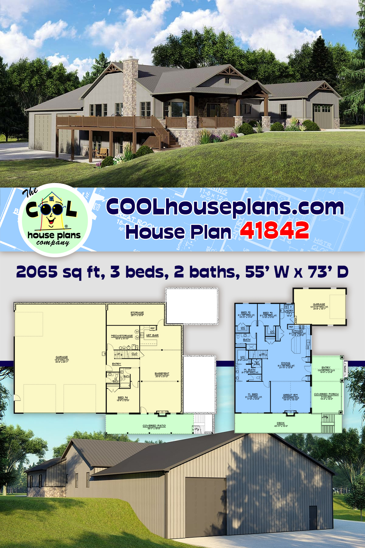 Bungalow, Country, Craftsman, Farmhouse House Plan 41842 with 3 Beds, 2 Baths, 4 Car Garage