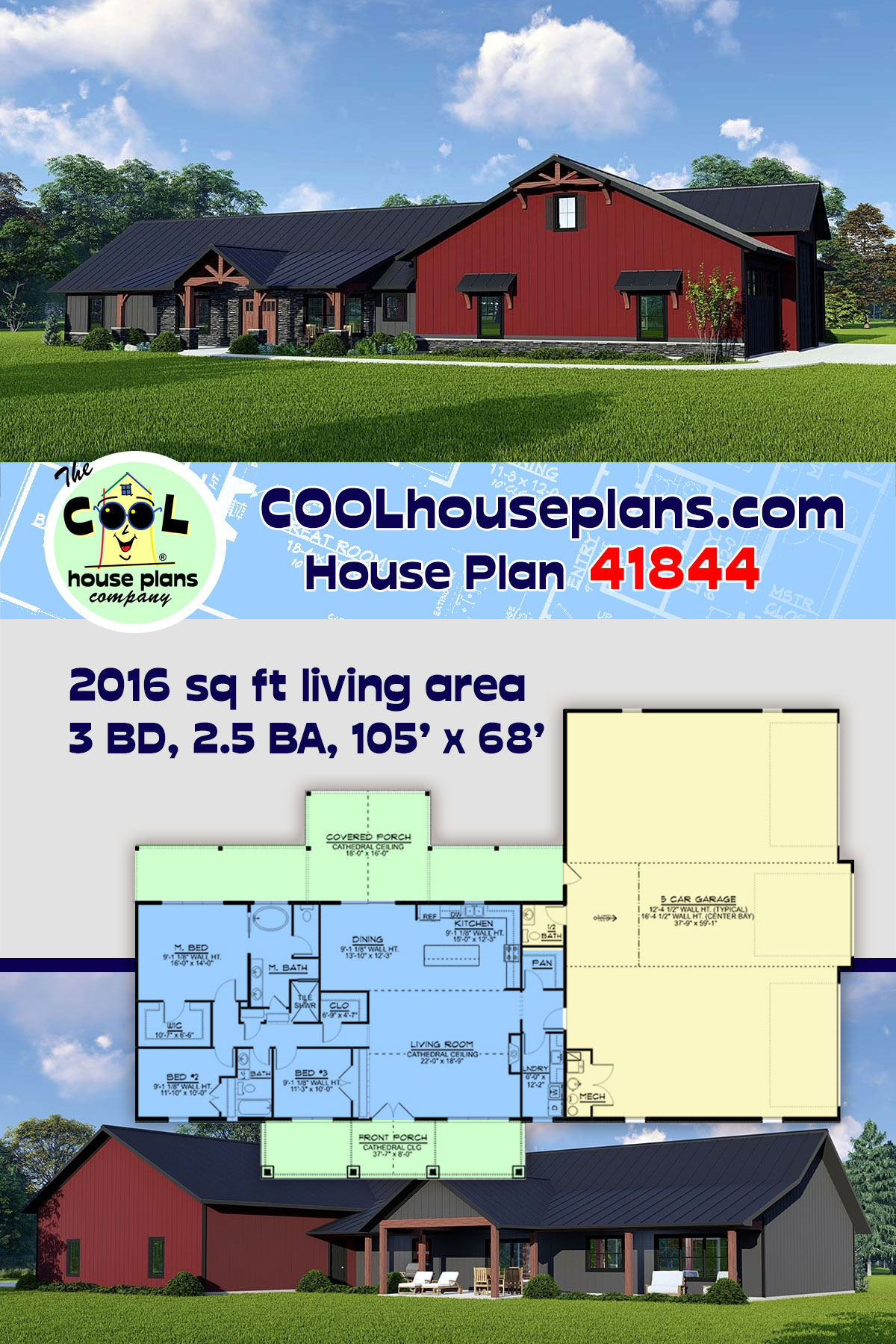 Barndominium, Country, Craftsman, Farmhouse House Plan 41844 with 3 Beds, 3 Baths, 5 Car Garage