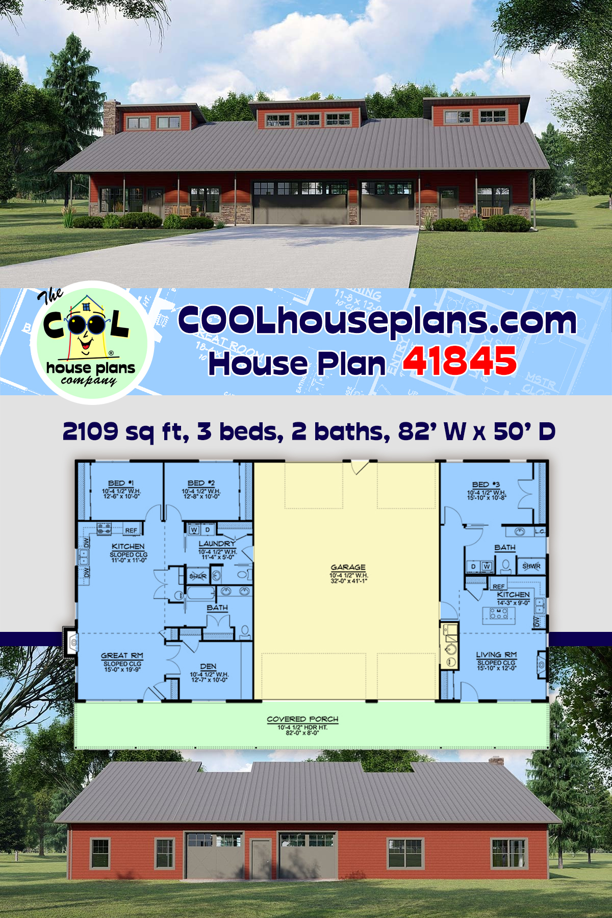 Contemporary, Country, Modern House Plan 41845 with 3 Beds, 2 Baths, 5 Car Garage