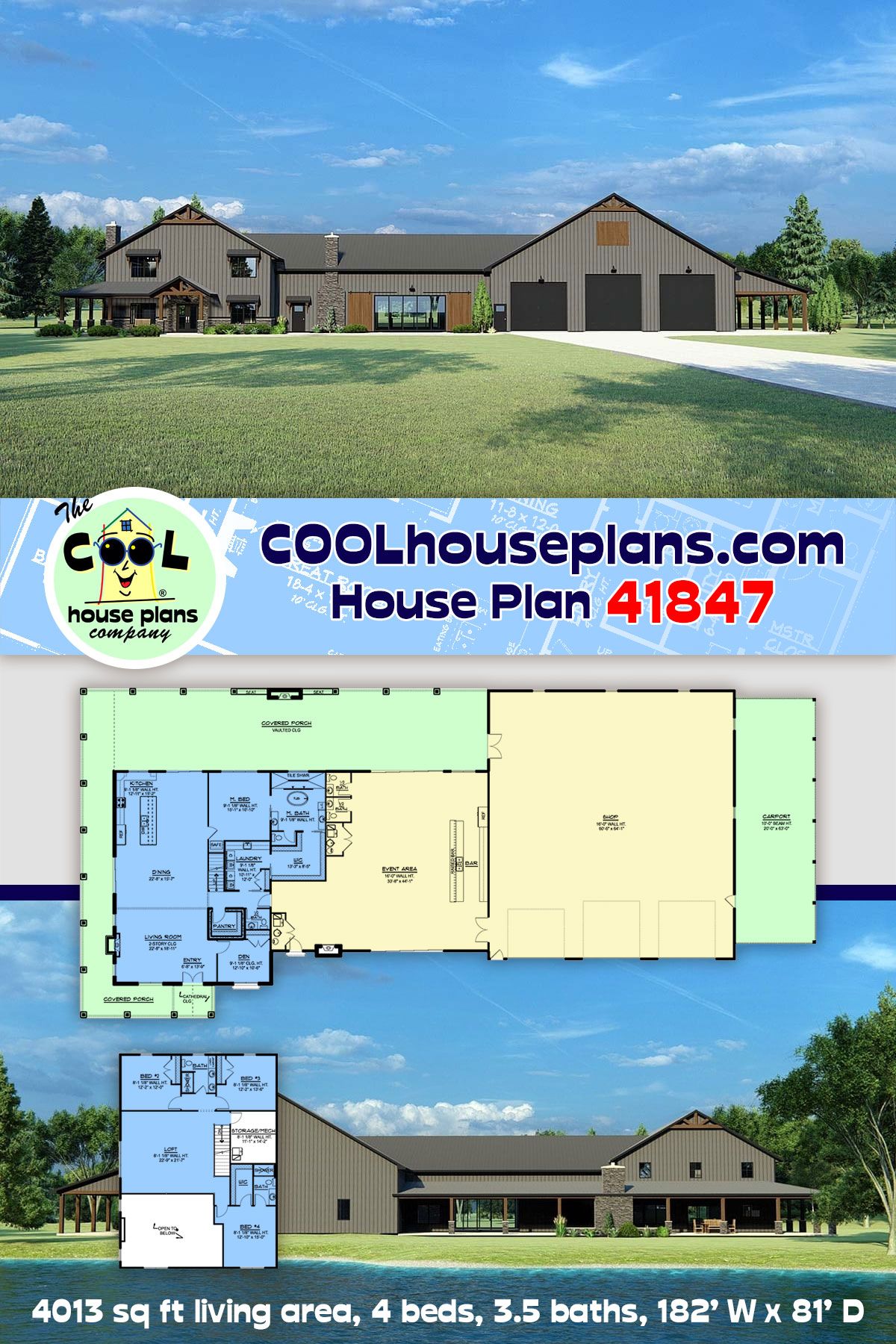 Barndominium, Country House Plan 41847 with 4 Beds, 7 Baths, 3 Car Garage