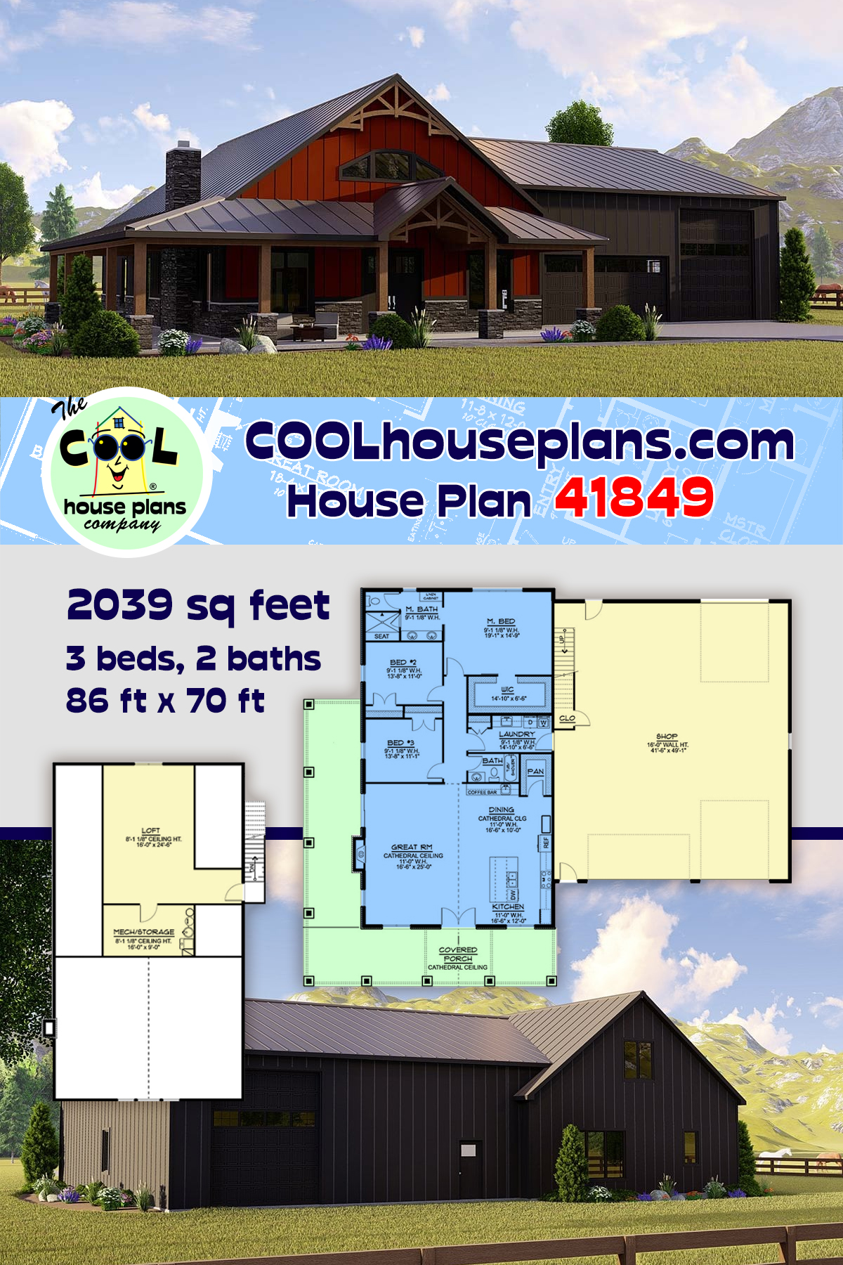 Barndominium, Craftsman, Farmhouse House Plan 41849 with 3 Beds, 2 Baths, 3 Car Garage