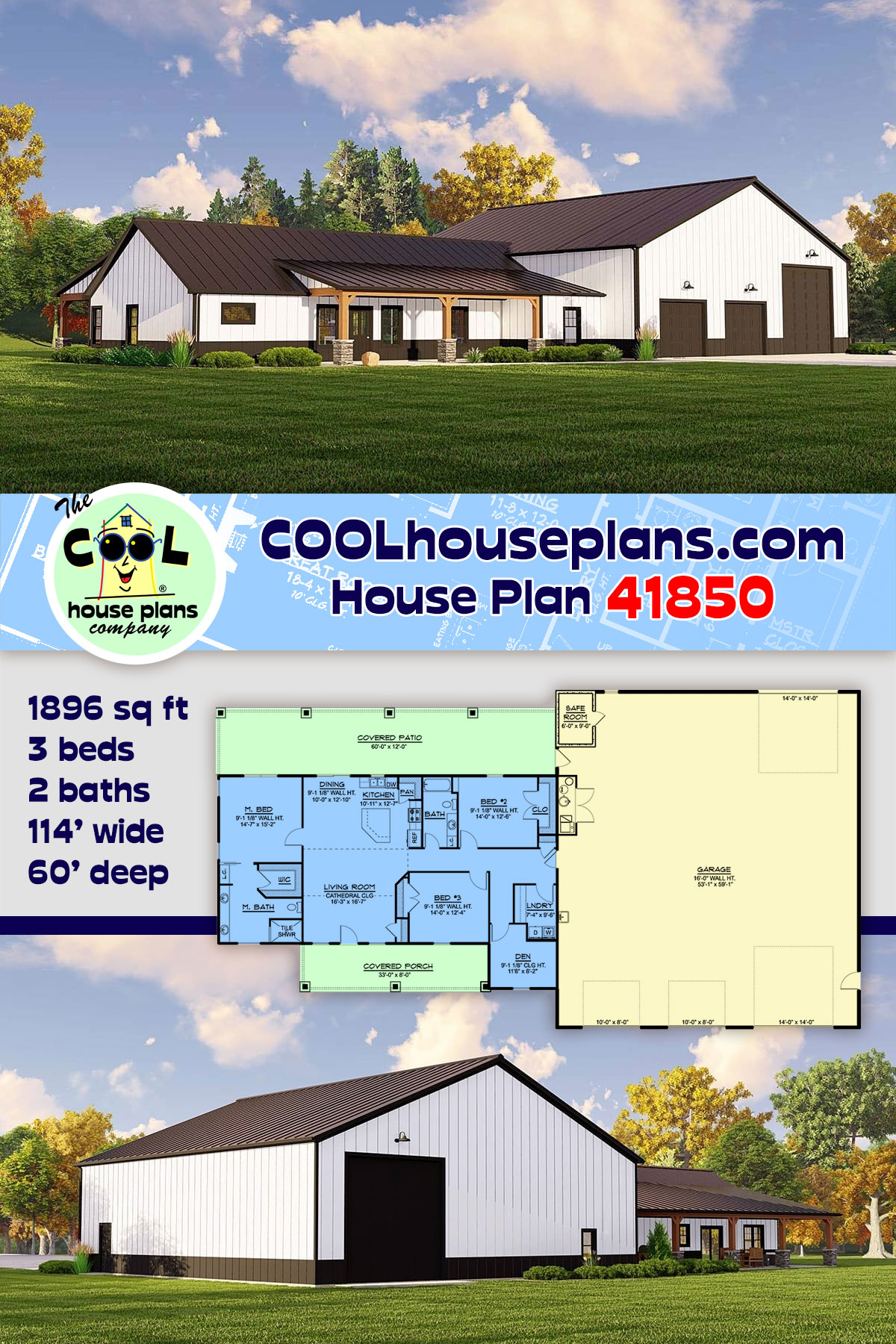 Barndominium House Plan 41850 with 3 Beds, 2 Baths, 4 Car Garage