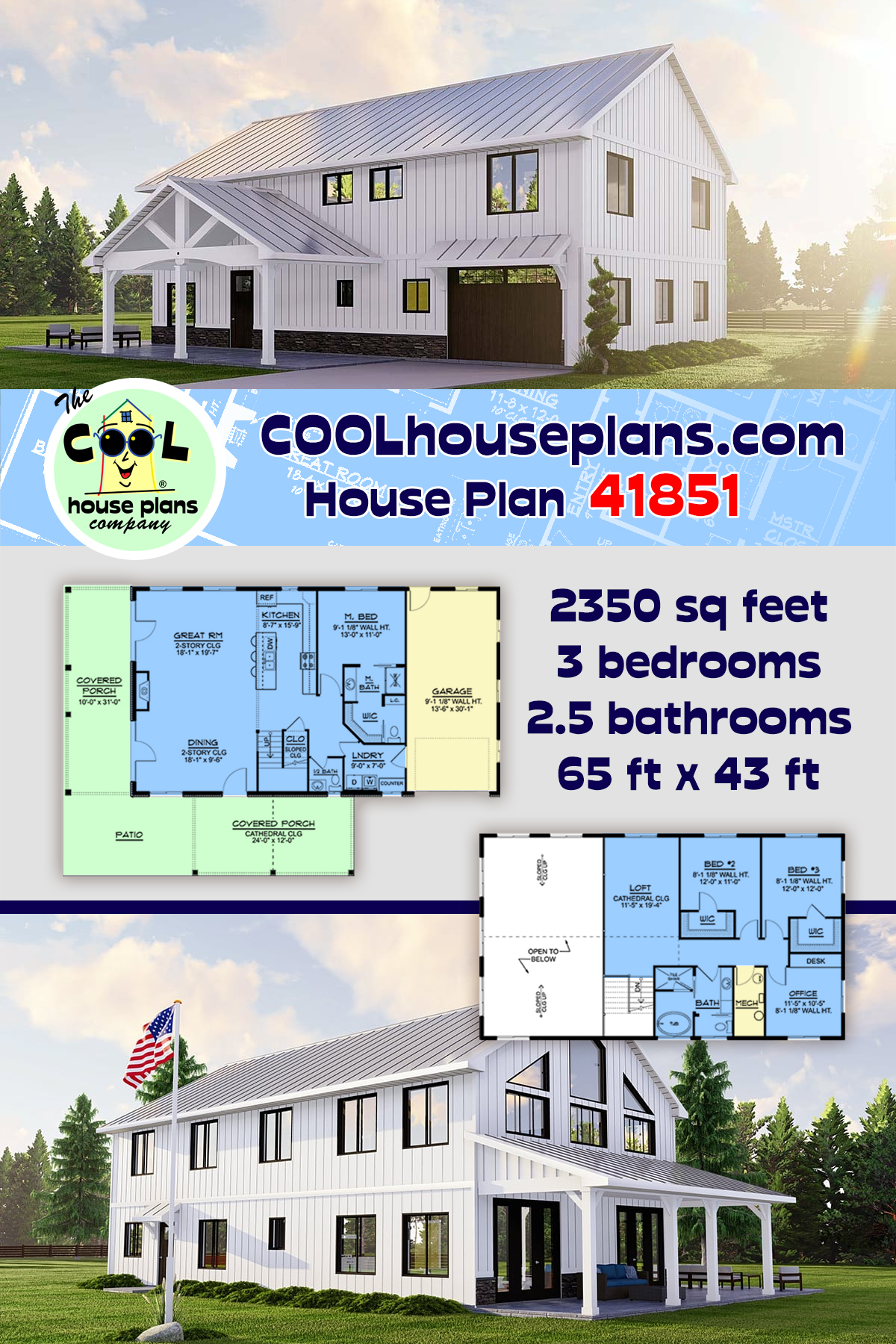 Barndominium, Country House Plan 41851 with 3 Beds, 3 Baths, 1 Car Garage