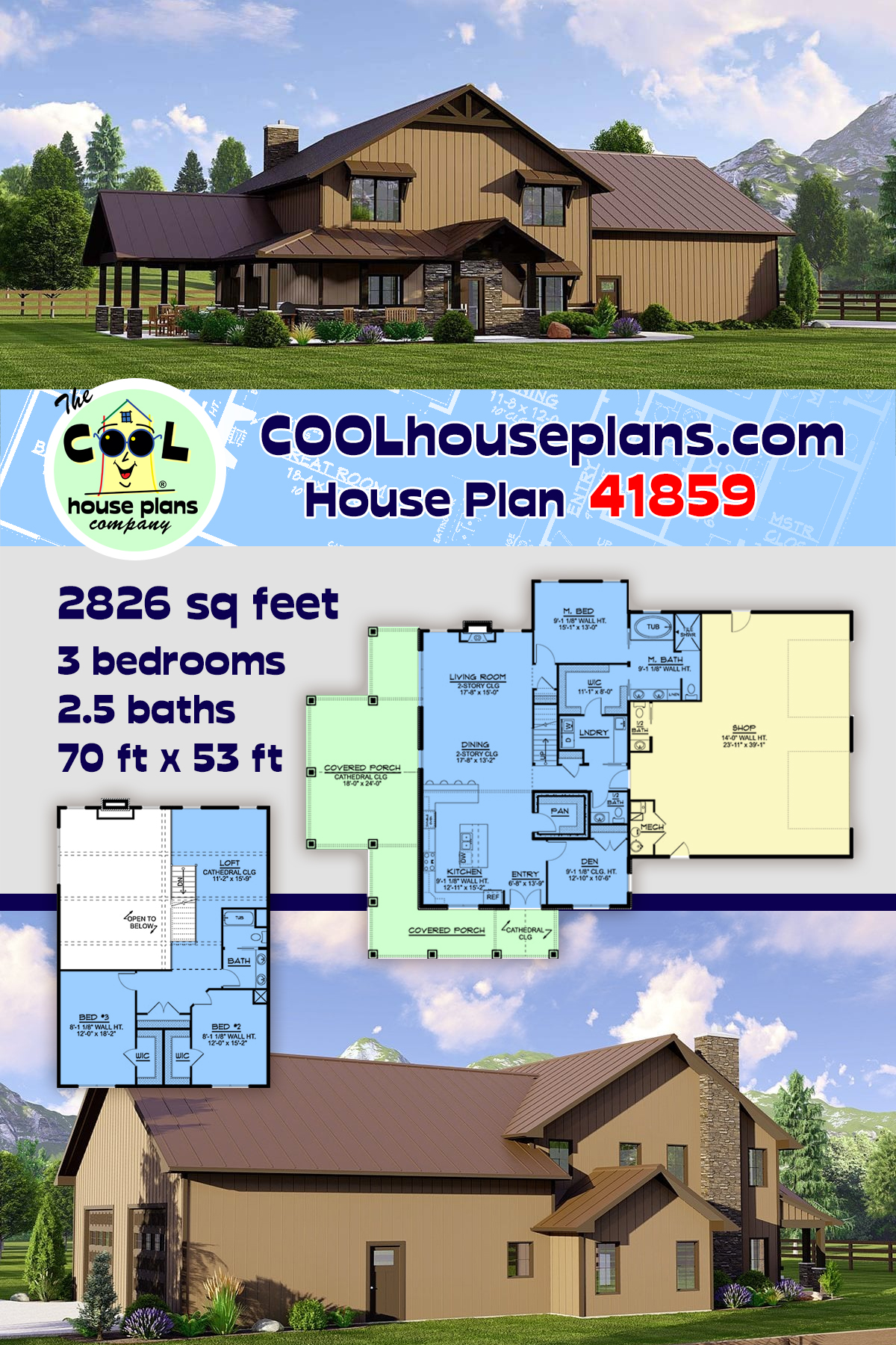 Barndominium House Plan 41859 with 3 Beds, 4 Baths, 2 Car Garage