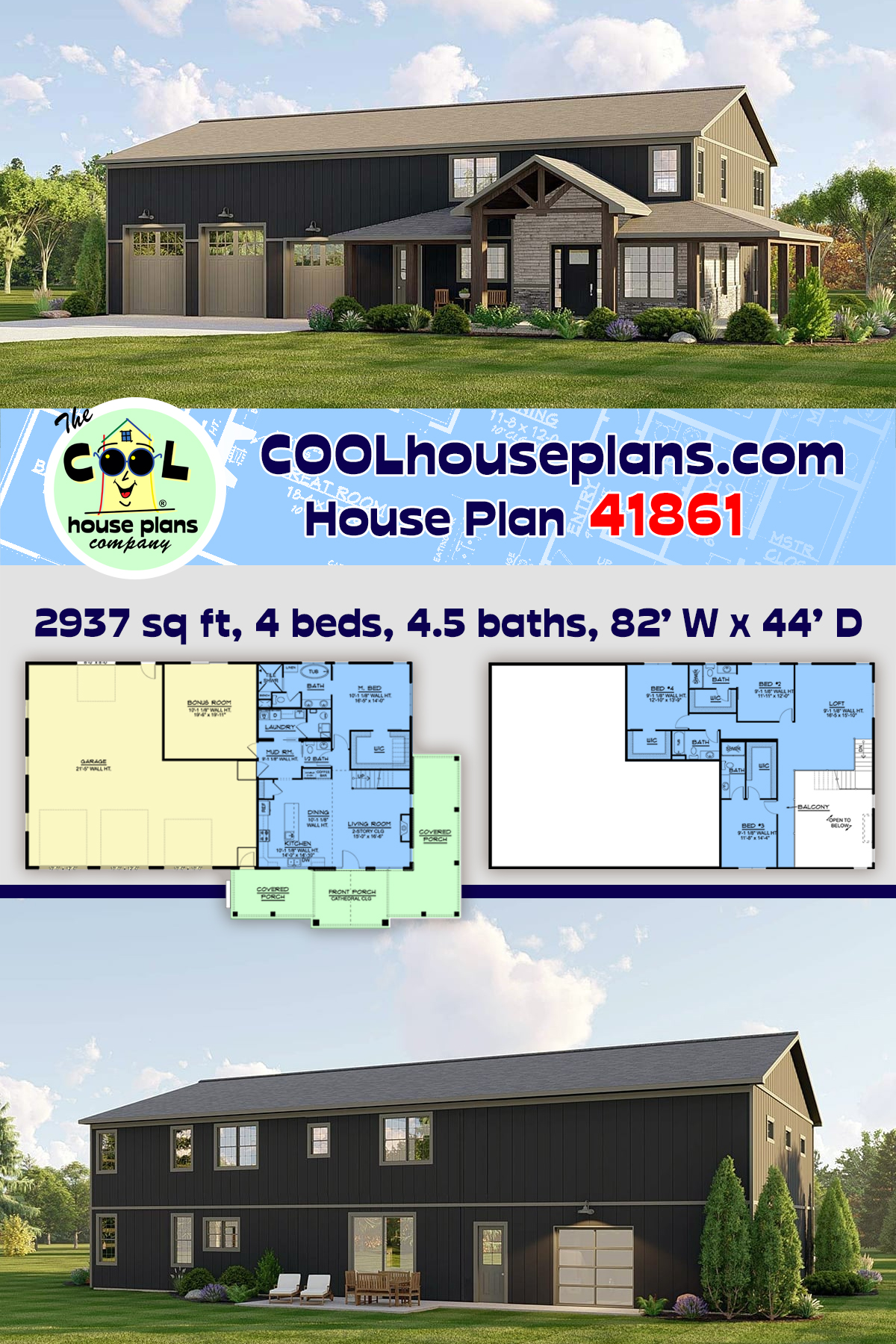 Barndominium, Country House Plan 41861 with 4 Beds, 5 Baths, 4 Car Garage
