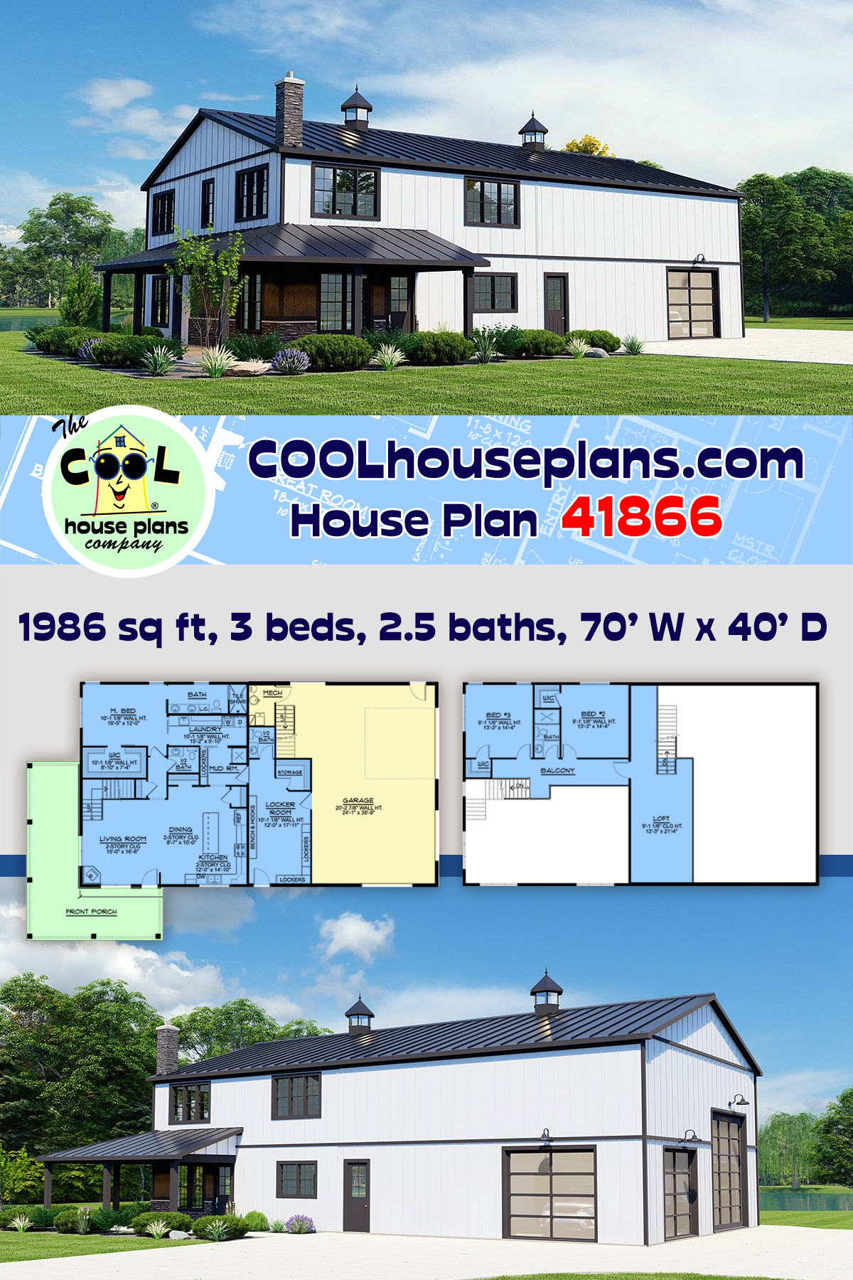 Barndominium, Country, Craftsman House Plan 41866 with 3 Beds, 4 Baths, 2 Car Garage